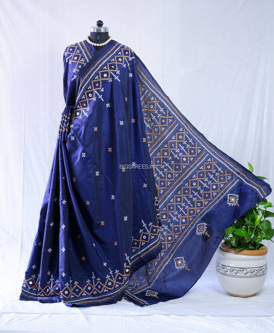 Kutchi/Gujarati Stitch Hand Embroidered Saree | Art Silk | Real Mirror Work | Navy Blue