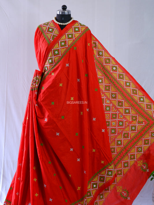 Kutchi Hand Embroidered Saree | Blended Bangalore Silk / Art Silk | Real Mirror Work | Red