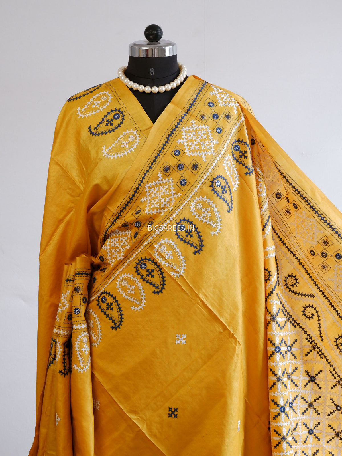 Kutchi Hand Embroidered Saree | Gachi Tassar Silk | Silk Marked | Yellow