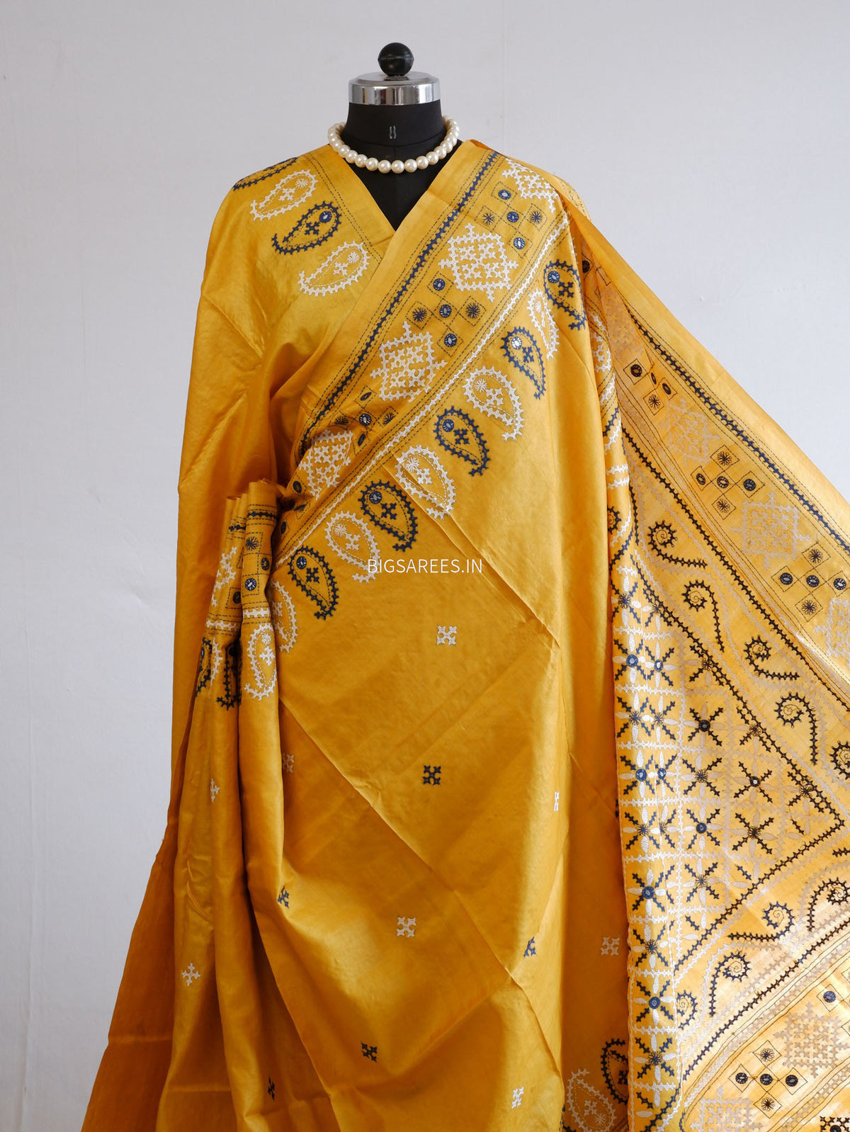 Kutchi Hand Embroidered Saree | Gachi Tassar Silk | Silk Marked | Yellow