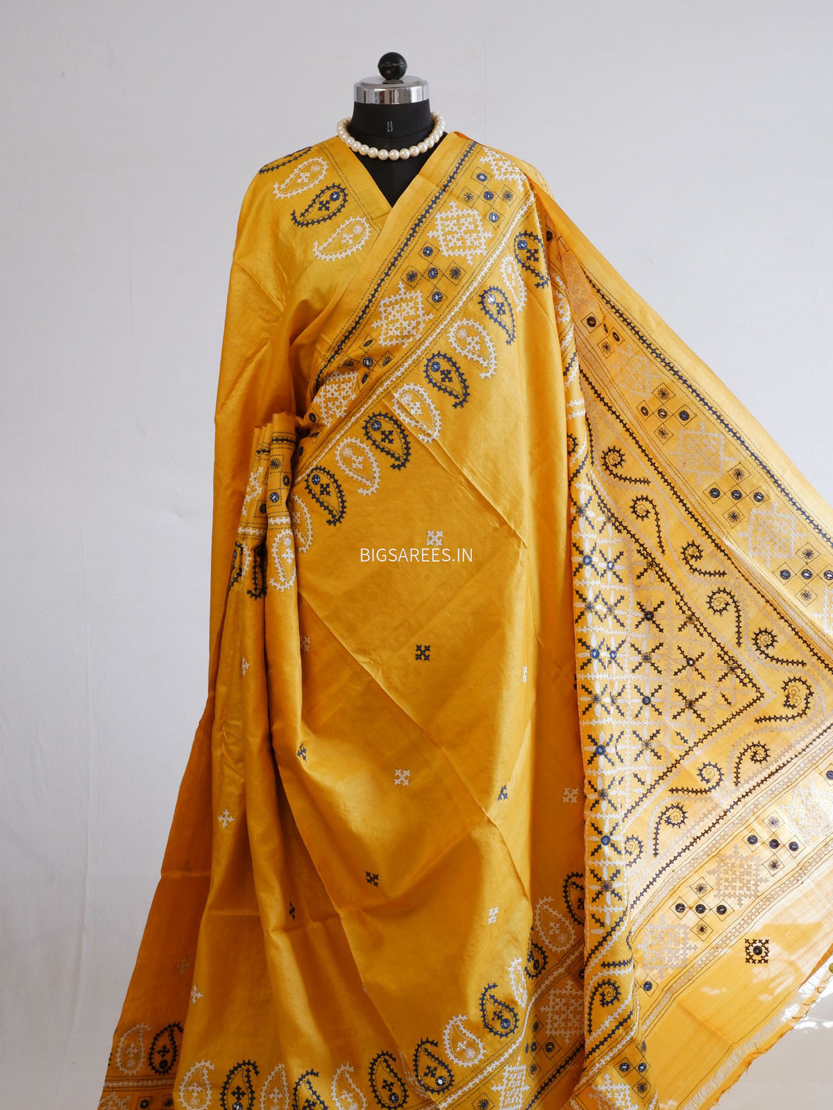 Kutchi Hand Embroidered Saree | Gachi Tassar Silk | Silk Marked | Yellow