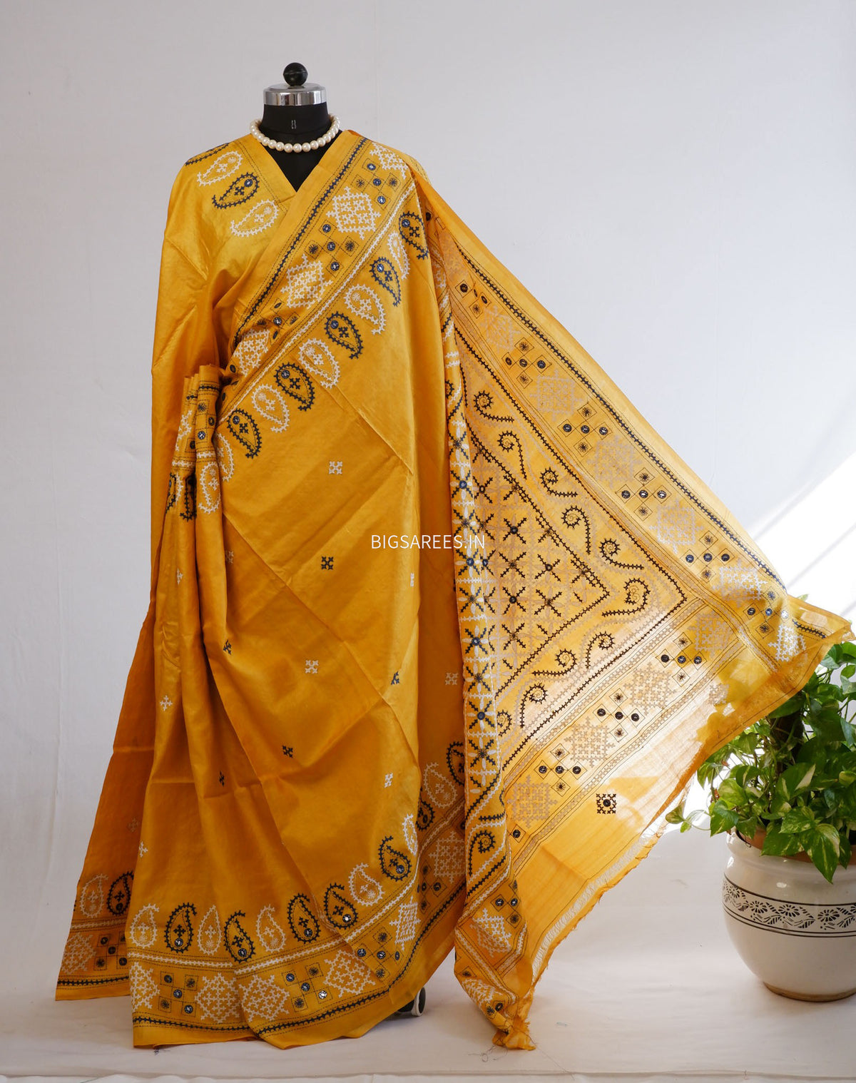 Kutchi Hand Embroidered Saree | Gachi Tassar Silk | Silk Marked | Yellow
