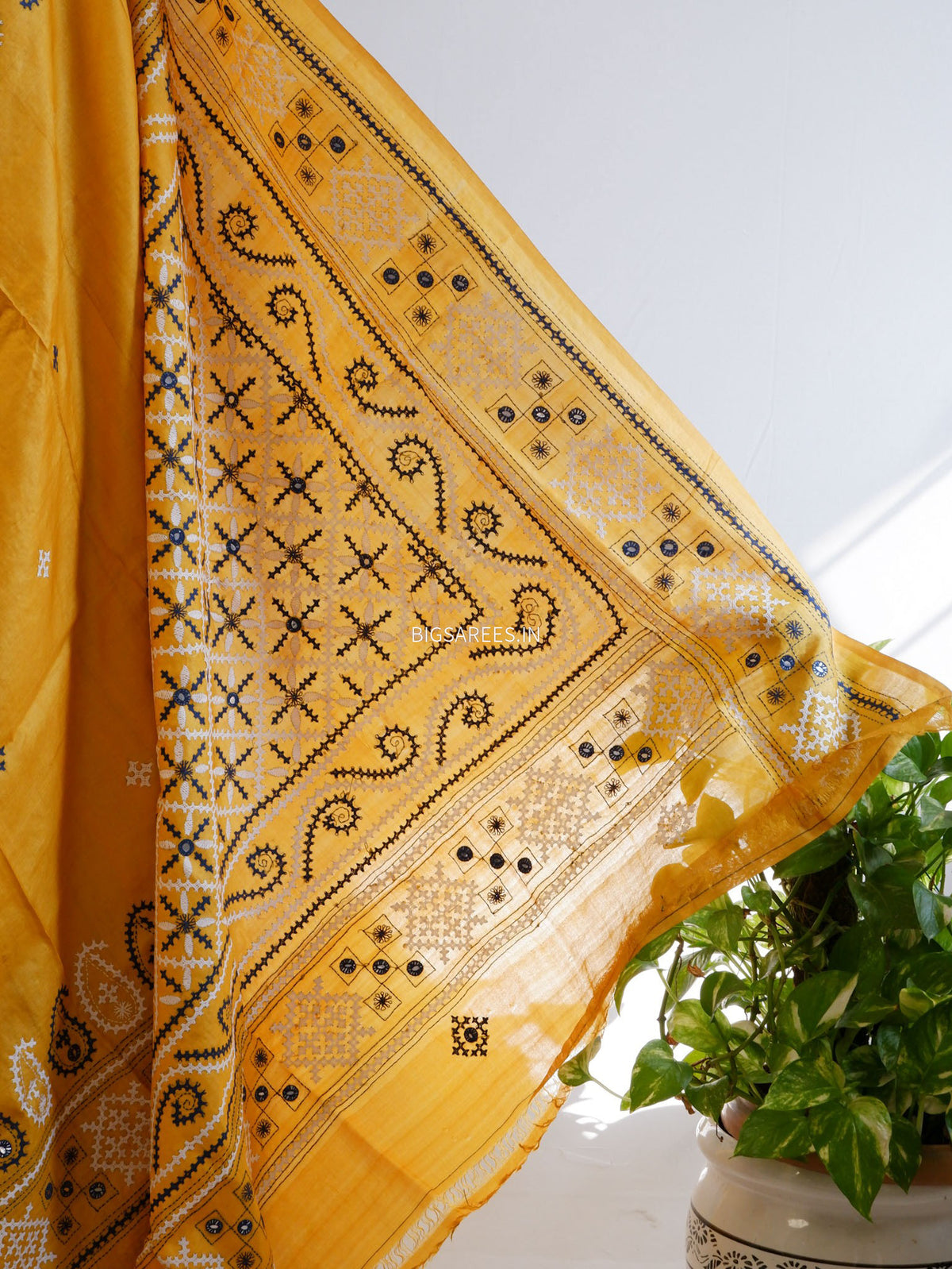 Kutchi Hand Embroidered Saree | Gachi Tassar Silk | Silk Marked | Yellow