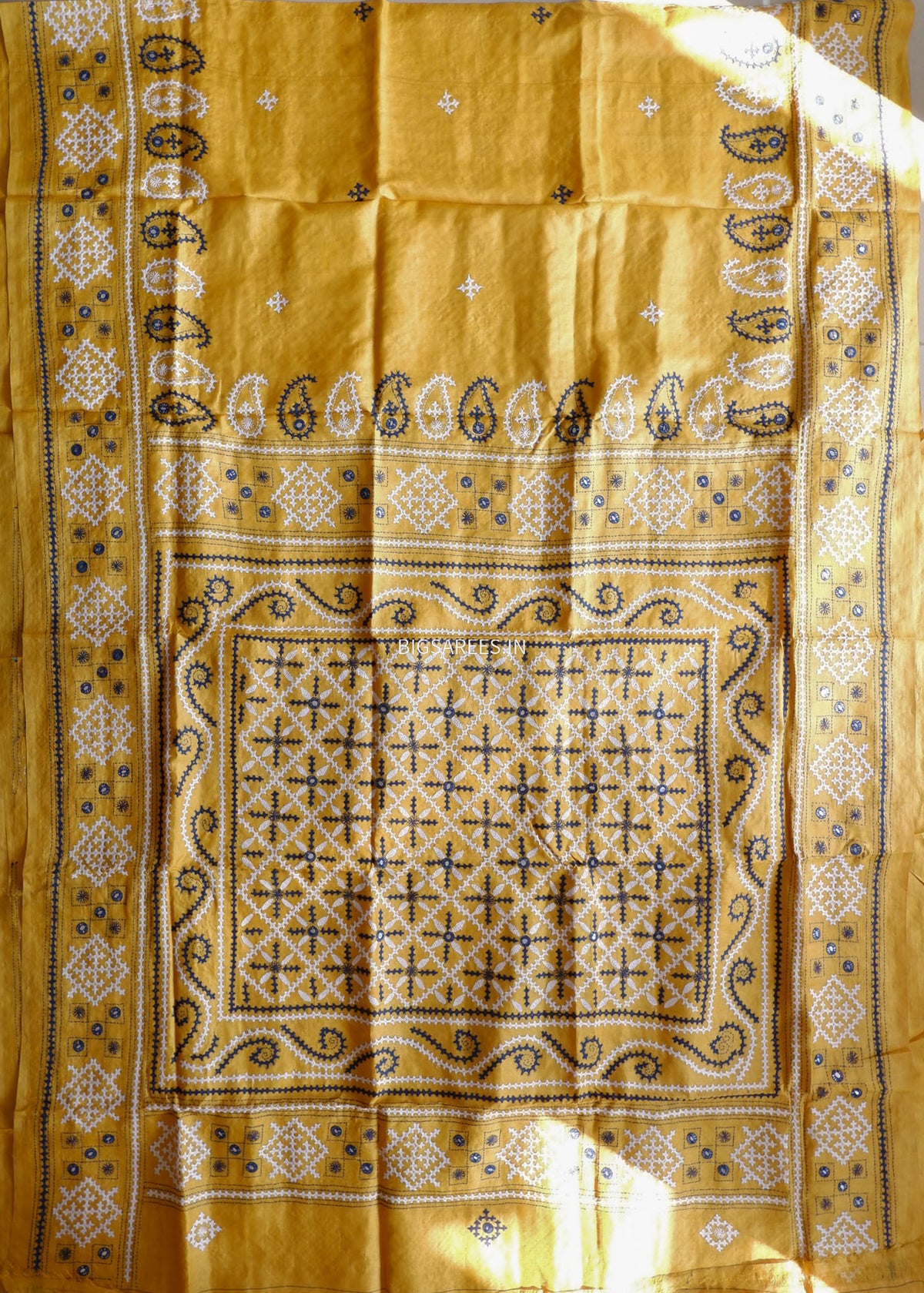 Kutchi Hand Embroidered Saree | Gachi Tassar Silk | Silk Marked | Yellow