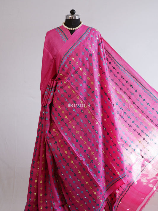 Kutchi Hand Embroidered Saree | Pure Gachi by Gachi Tassar Silk | Silk Marked | Pink