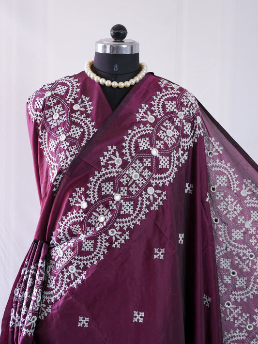 Kutchi/Gujarati Stitch Hand Embroidered Saree | Art Silk | Real Mirror Work | Maroon