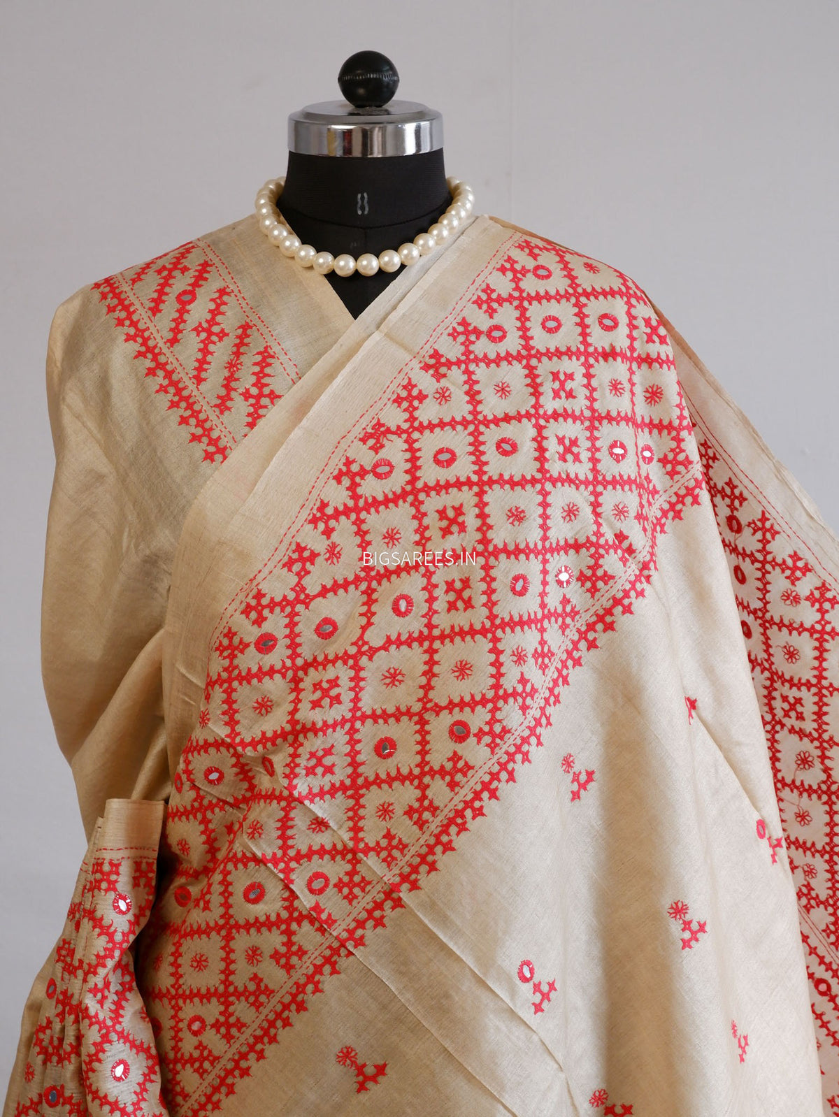 Kutchi Hand Embroidered Saree | Pure Gachi by Gachi Tassar Silk | Silk Marked | Off- White