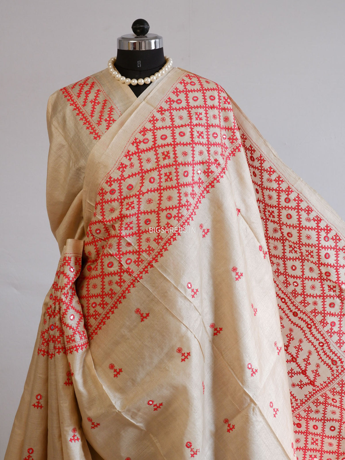 Kutchi Hand Embroidered Saree | Pure Gachi by Gachi Tassar Silk | Silk Marked | Off- White