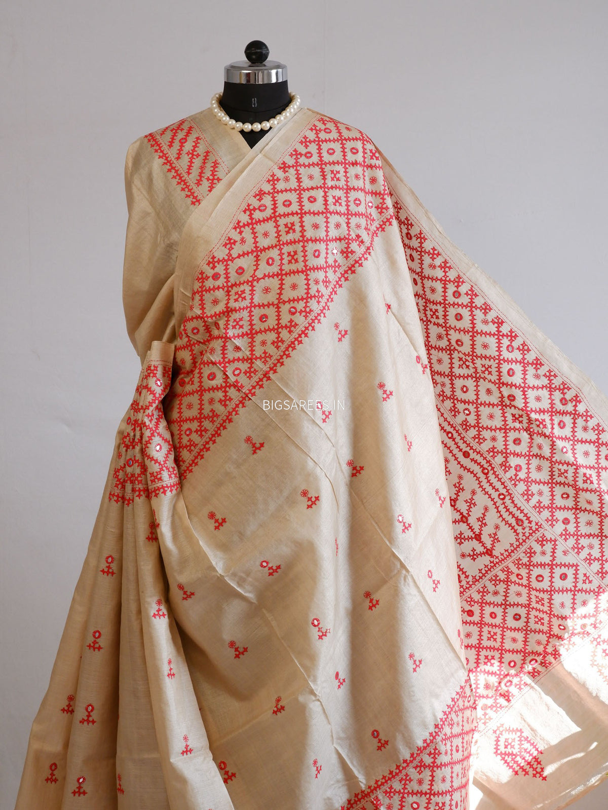 Kutchi Hand Embroidered Saree | Pure Gachi by Gachi Tassar Silk | Silk Marked | Off- White