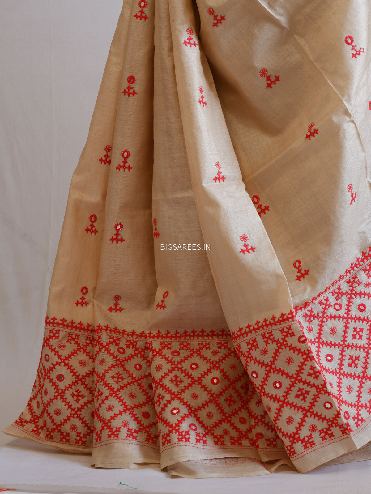 Kutchi Hand Embroidered Saree | Pure Gachi by Gachi Tassar Silk | Silk Marked | Off- White