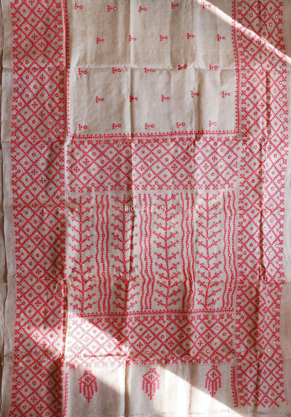 Kutchi Hand Embroidered Saree | Pure Gachi by Gachi Tassar Silk | Silk Marked | Off- White