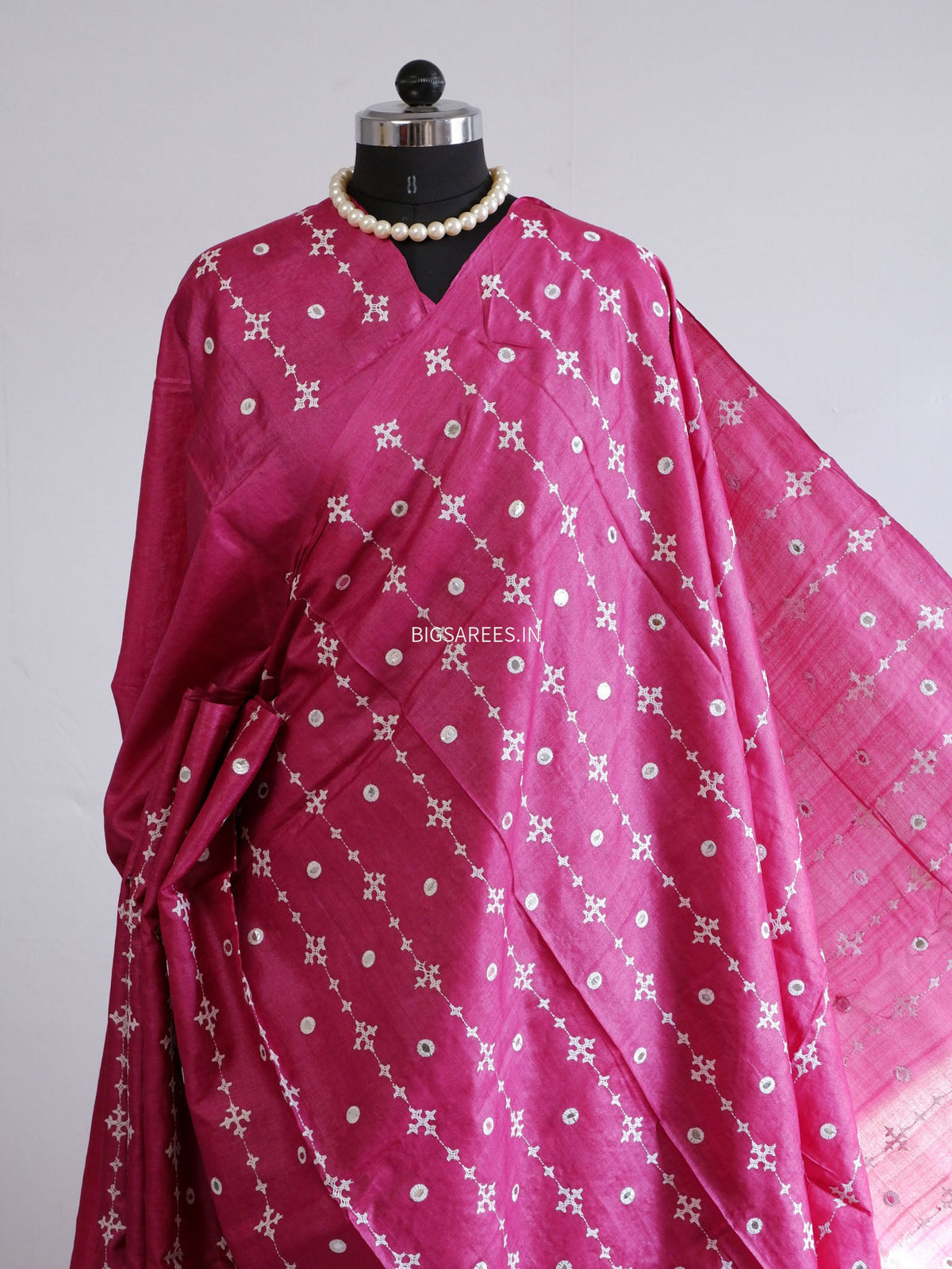 Kutchi Hand Embroidered Saree | Gachi Tassar Silk | Silk Marked | Pink