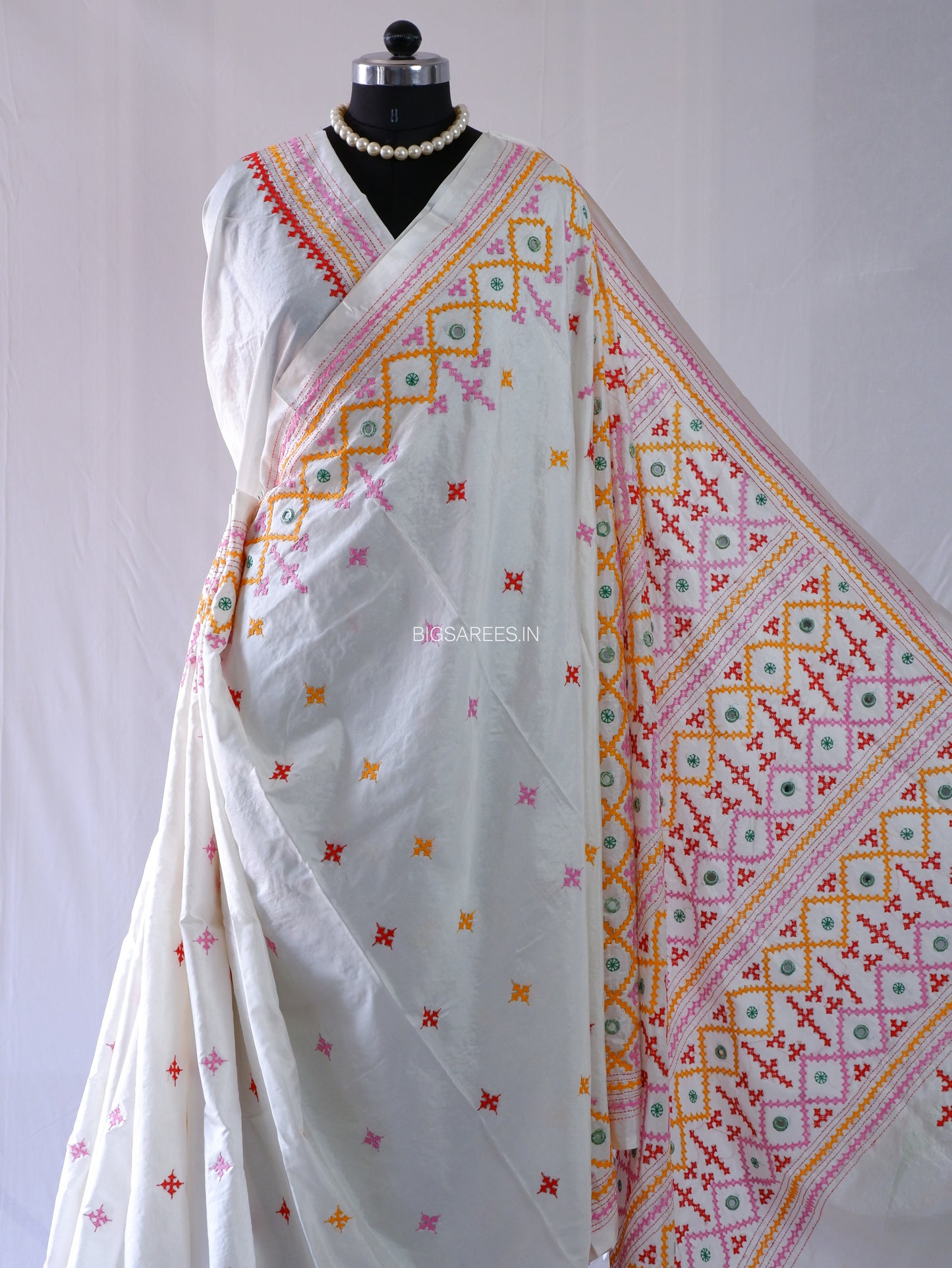 Kutchi/Gujarati Stitch Hand Embroidered Saree | Art Silk | Real Mirror Work | White