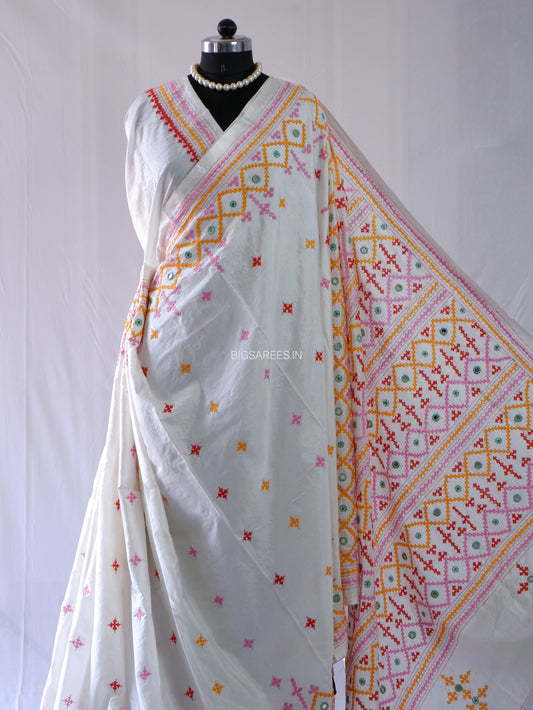Kutchi/Gujarati Stitch Hand Embroidered Saree | Art Silk | Real Mirror Work | White