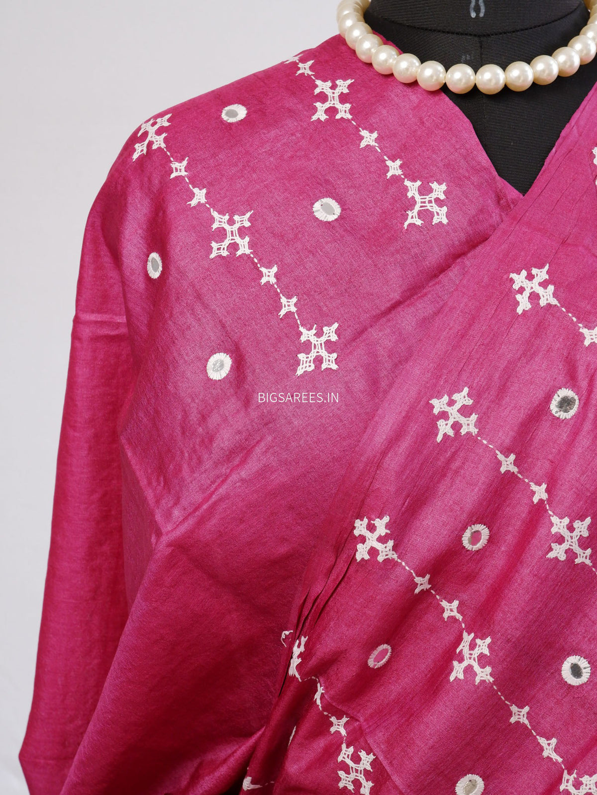 Kutchi Hand Embroidered Saree | Gachi Tassar Silk | Silk Marked | Pink