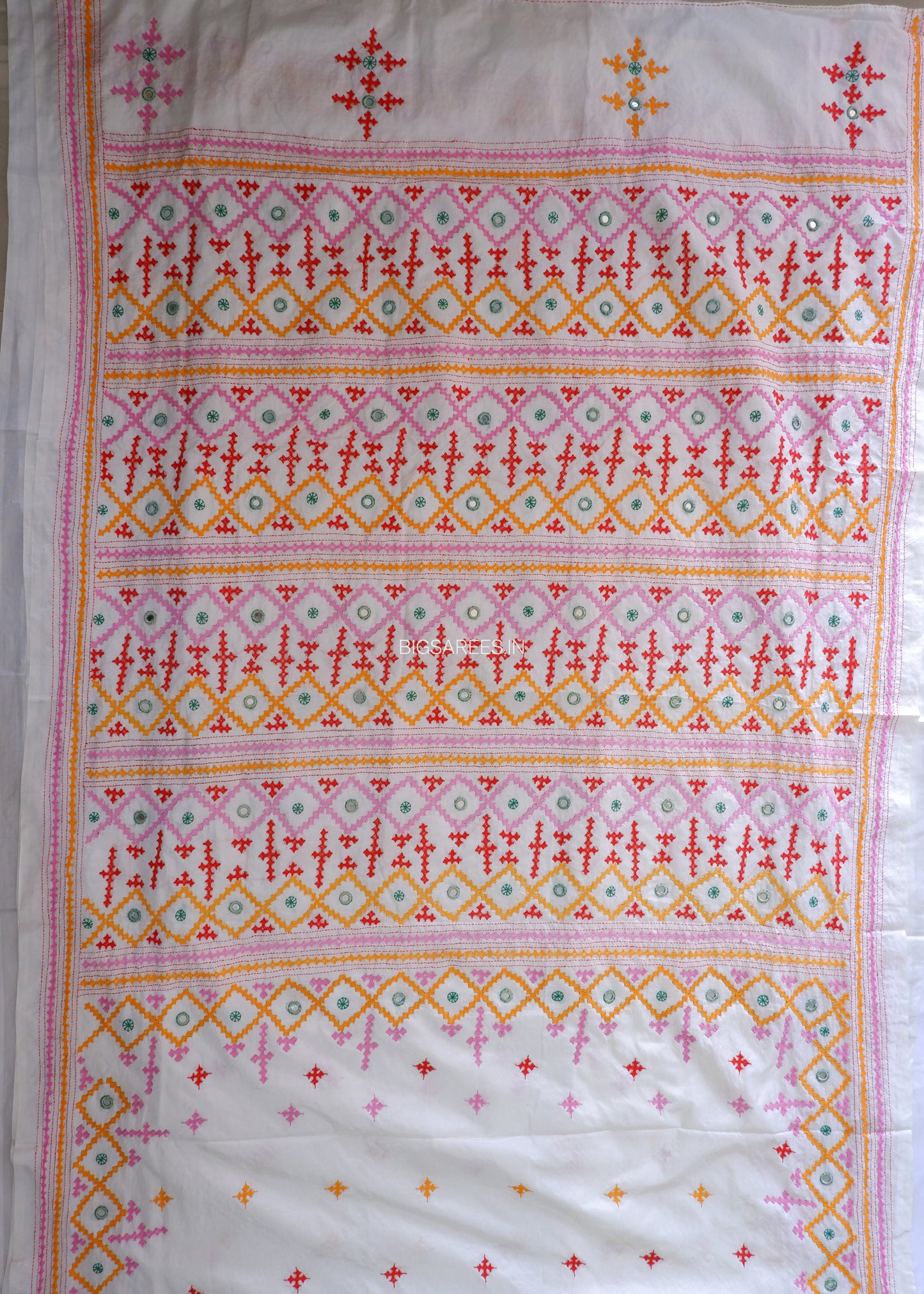 Kutchi/Gujarati Stitch Hand Embroidered Saree | Art Silk | Real Mirror Work | White