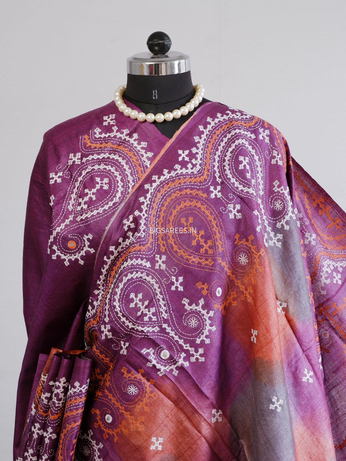 Kutchi Hand Embroidered Saree | Tassar Silk | Silk Marked | Deep Lavendar