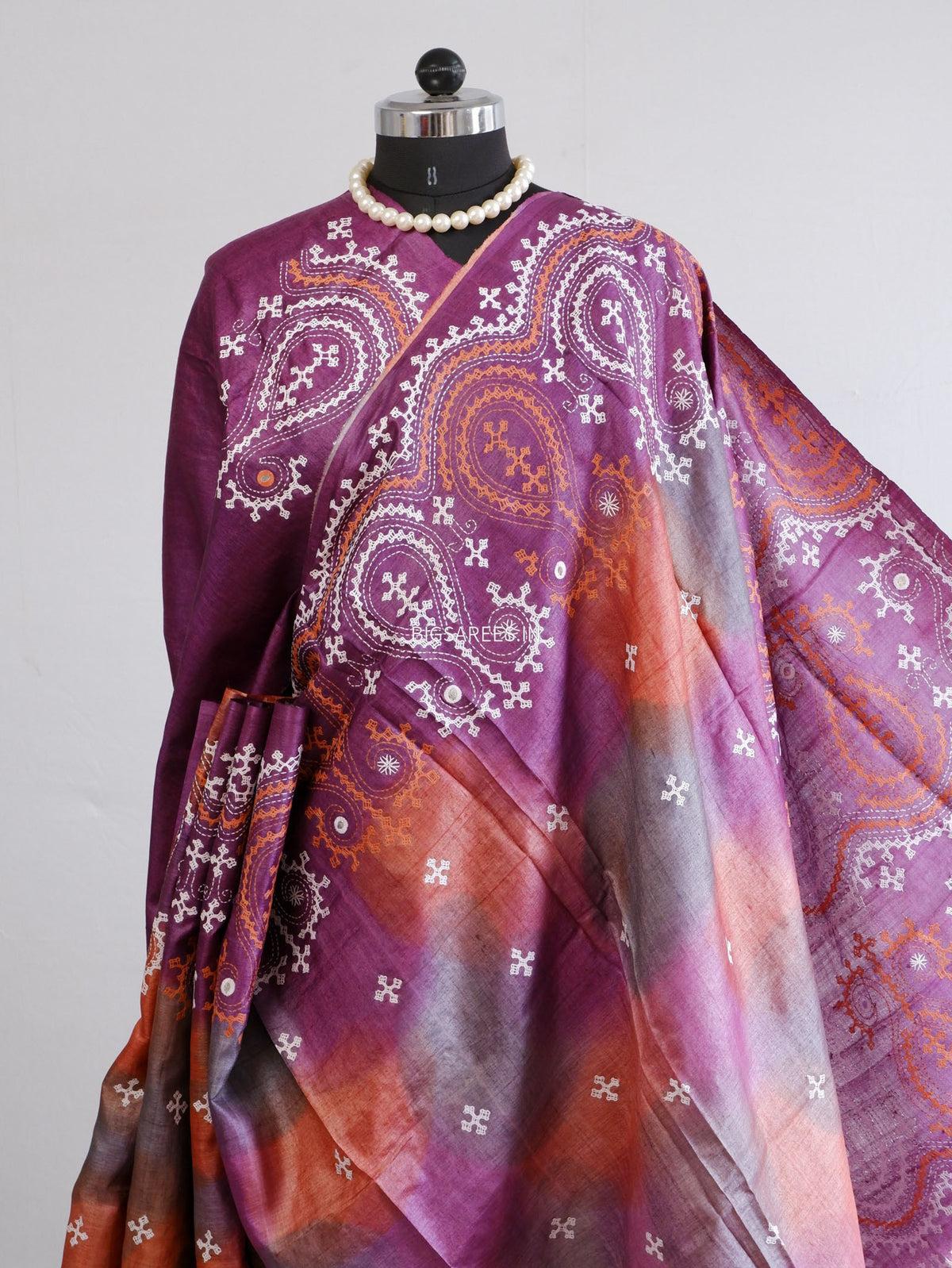 Kutchi Hand Embroidered Saree | Tassar Silk | Silk Marked | Deep Lavendar