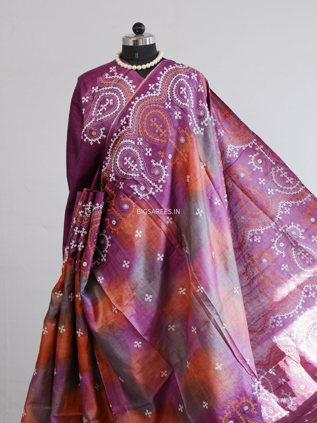 Kutchi Hand Embroidered Saree | Tassar Silk | Silk Marked | Deep Lavendar