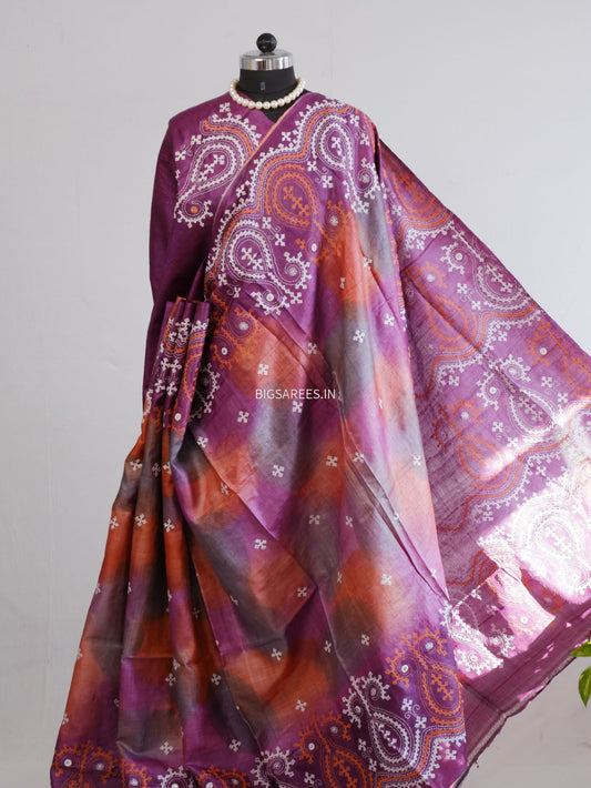 Kutchi Hand Embroidered Saree | Tassar Silk | Silk Marked | Deep Lavendar