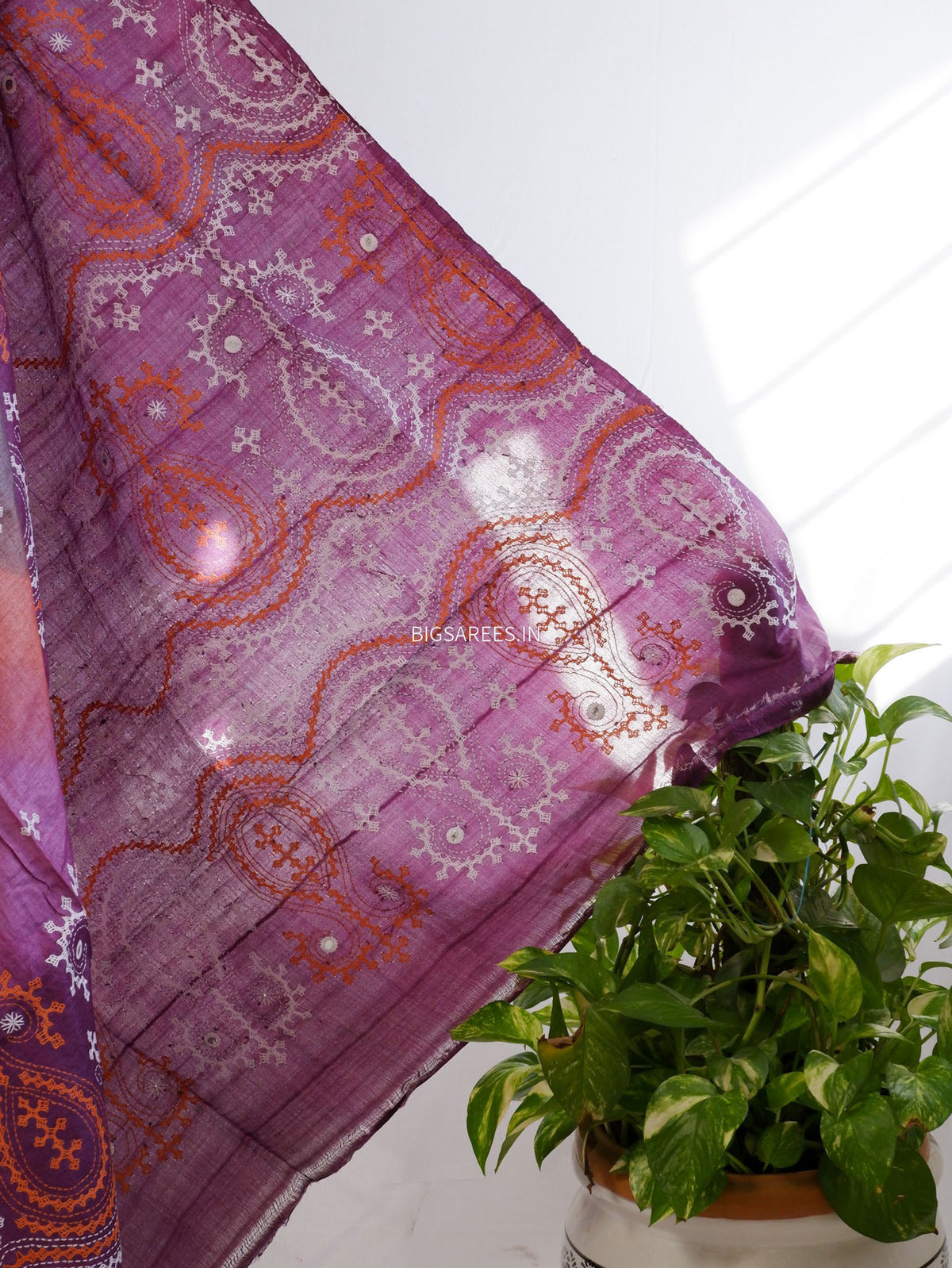 Kutchi Hand Embroidered Saree | Tassar Silk | Silk Marked | Deep Lavendar