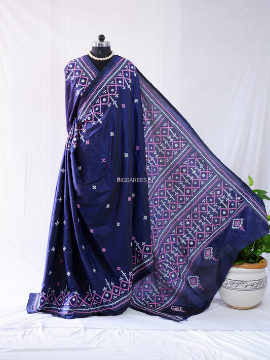 Kutchi work hand Embroidered Saree | Blended Bangalore Silk / Art Silk | Real Mirror Work | Navy Blue