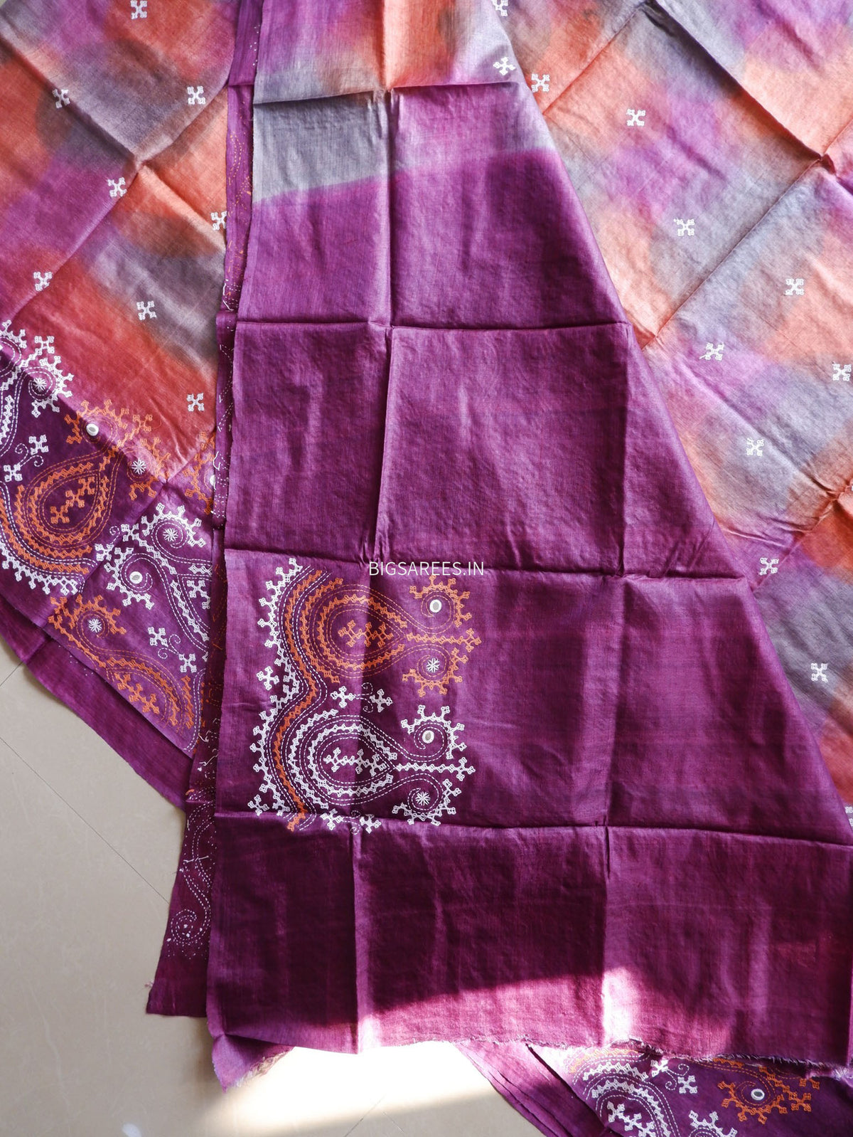 Kutchi Hand Embroidered Saree | Tassar Silk | Silk Marked | Deep Lavendar