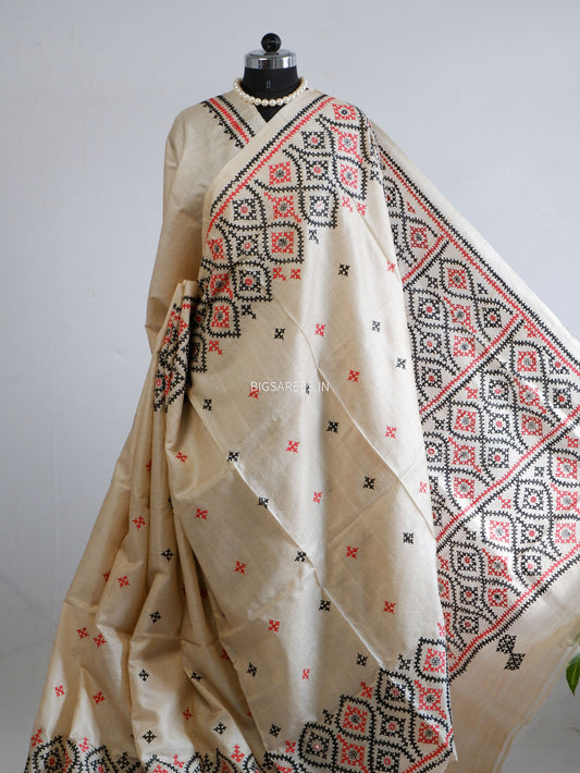 Kutchi Hand Embroidered Saree | Pure Gachi by Gachi Tassar Silk | Silk Marked | Off- White