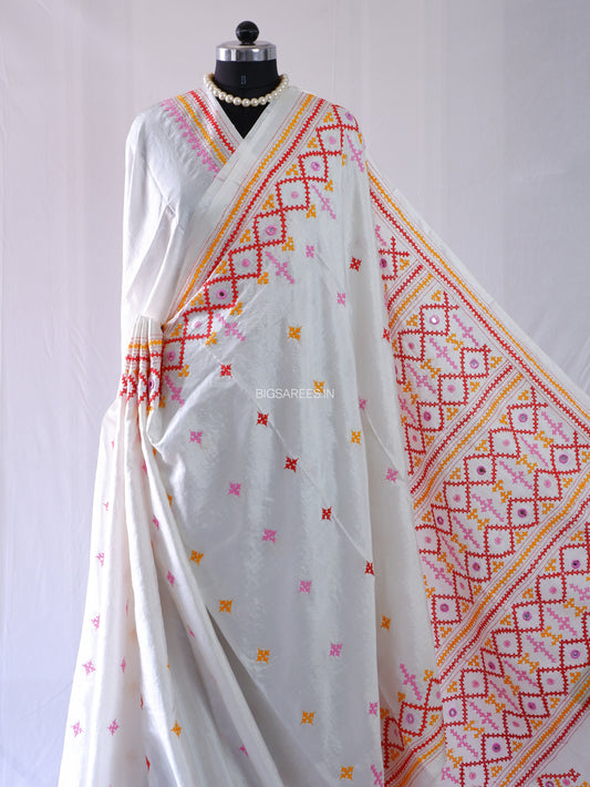 Kutchi/Gujarati Stitch Hand Embroidered Saree | Art Silk | Real Mirror Work | White