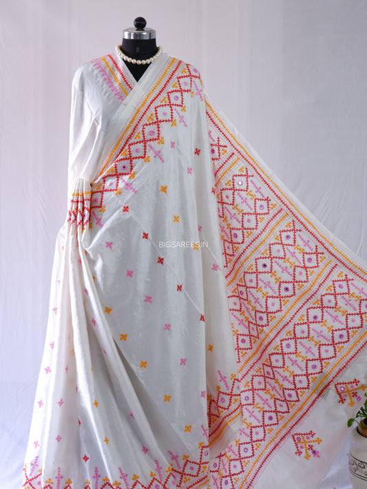 Kutchi/Gujarati Stitch Hand Embroidered Saree | Art Silk | Real Mirror Work | White