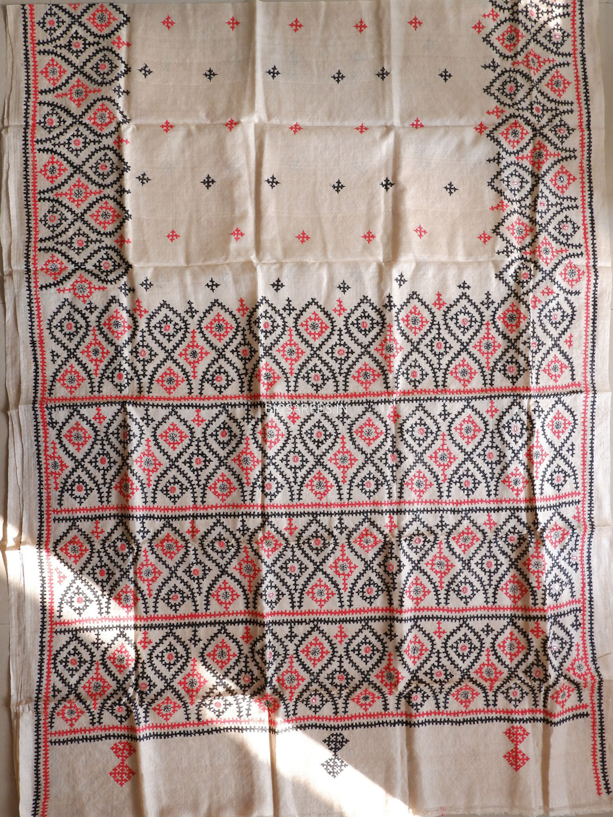 Kutchi Hand Embroidered Saree | Pure Gachi by Gachi Tassar Silk | Silk Marked | Off- White