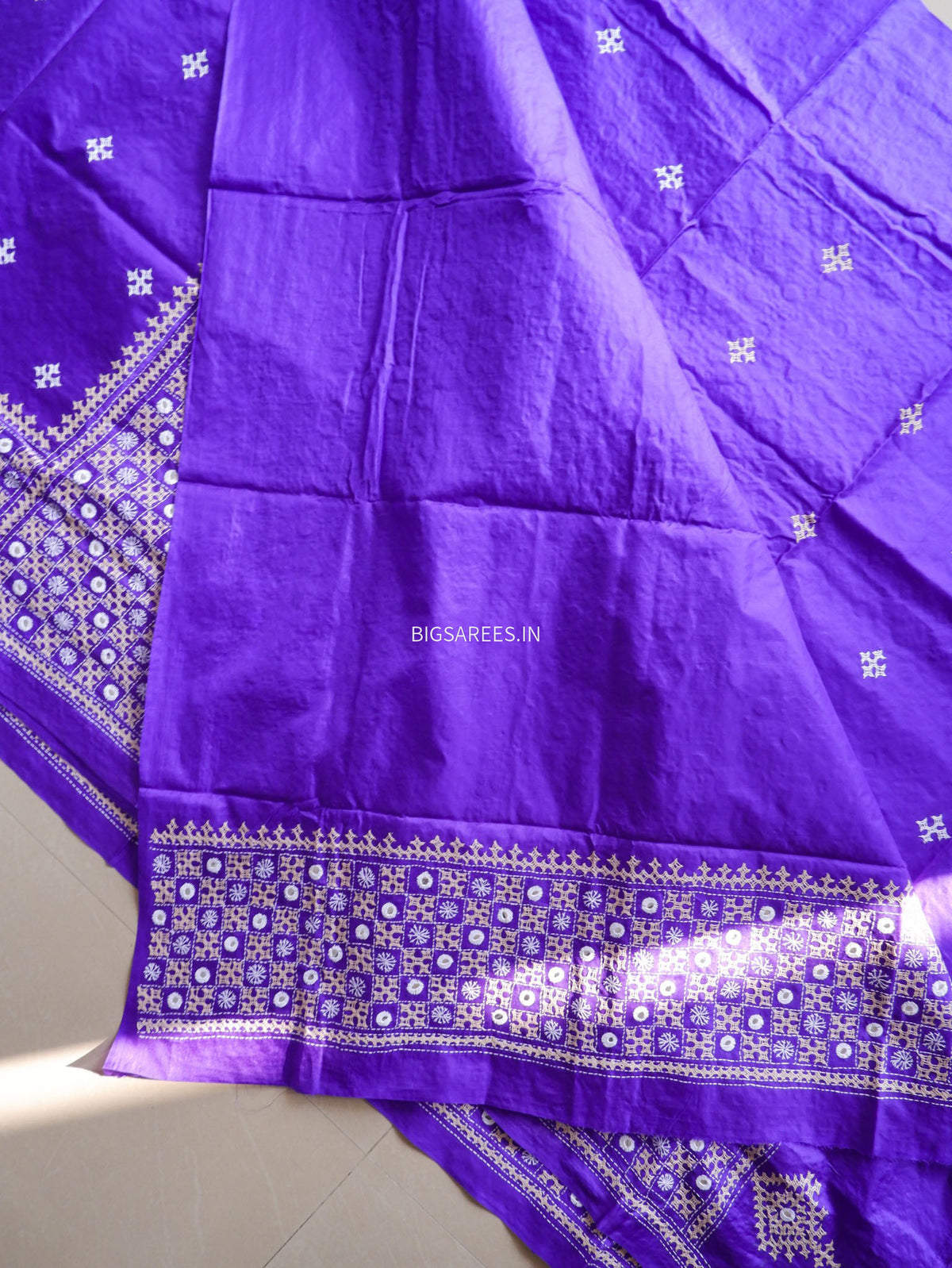 Kutch Hand Embroidered Saree| Pure Bangalore Silk | Silk Marked | Purple