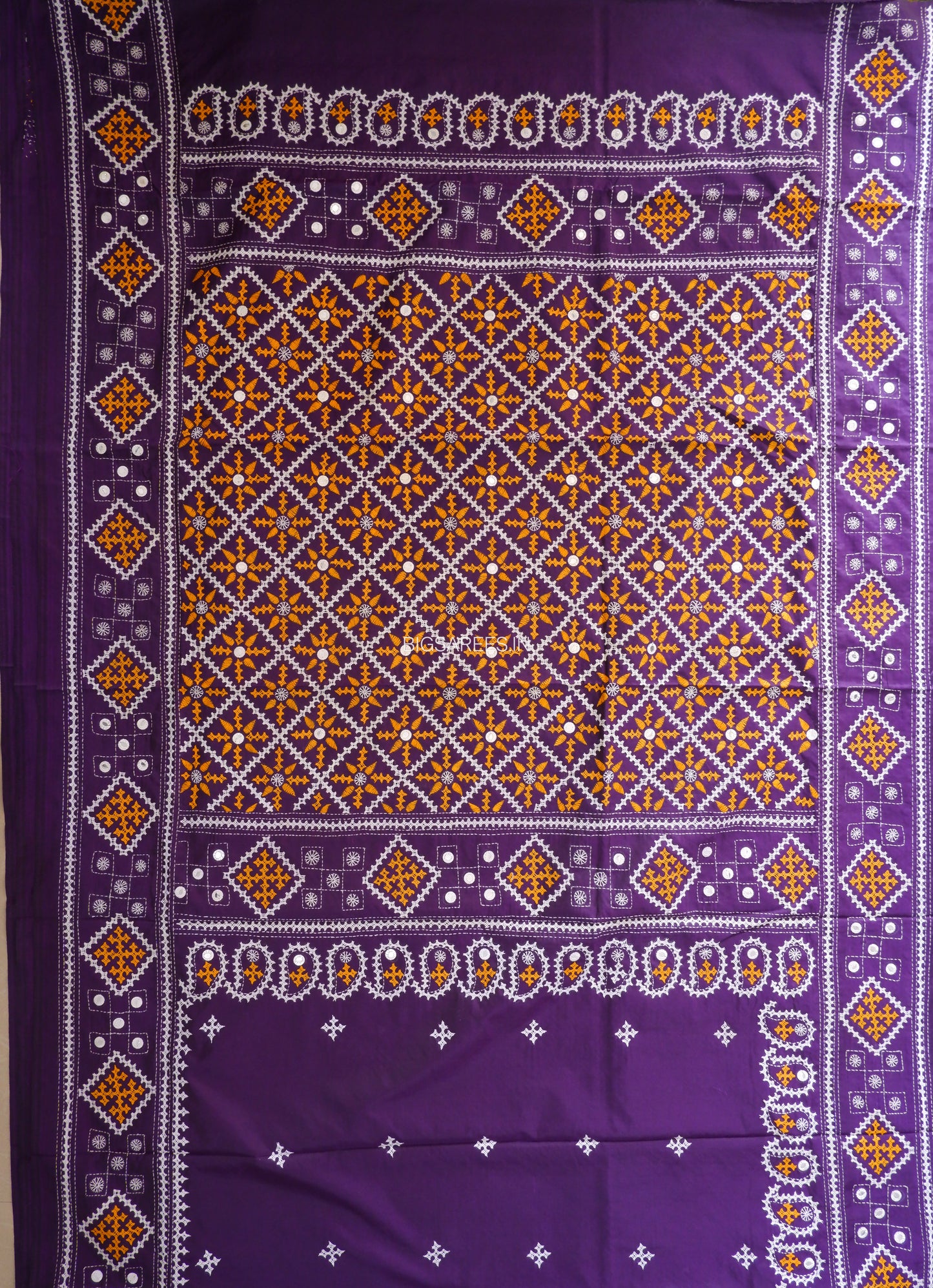Kutchi/Gujarati Stitch Hand Embroidered Saree | Art Silk | Foil Mirror | Purple