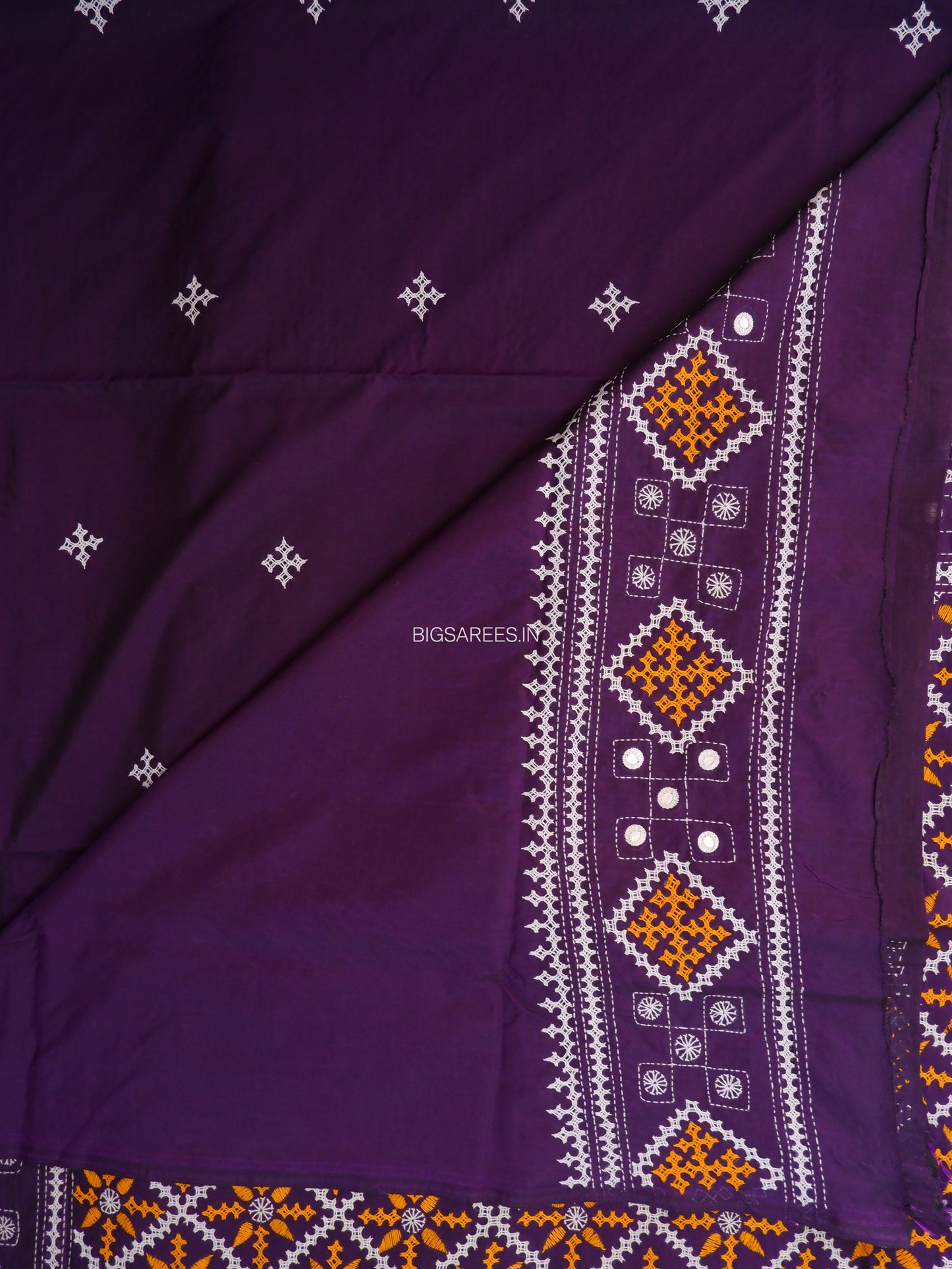 Kutchi/Gujarati Stitch Hand Embroidered Saree | Art Silk | Foil Mirror | Purple
