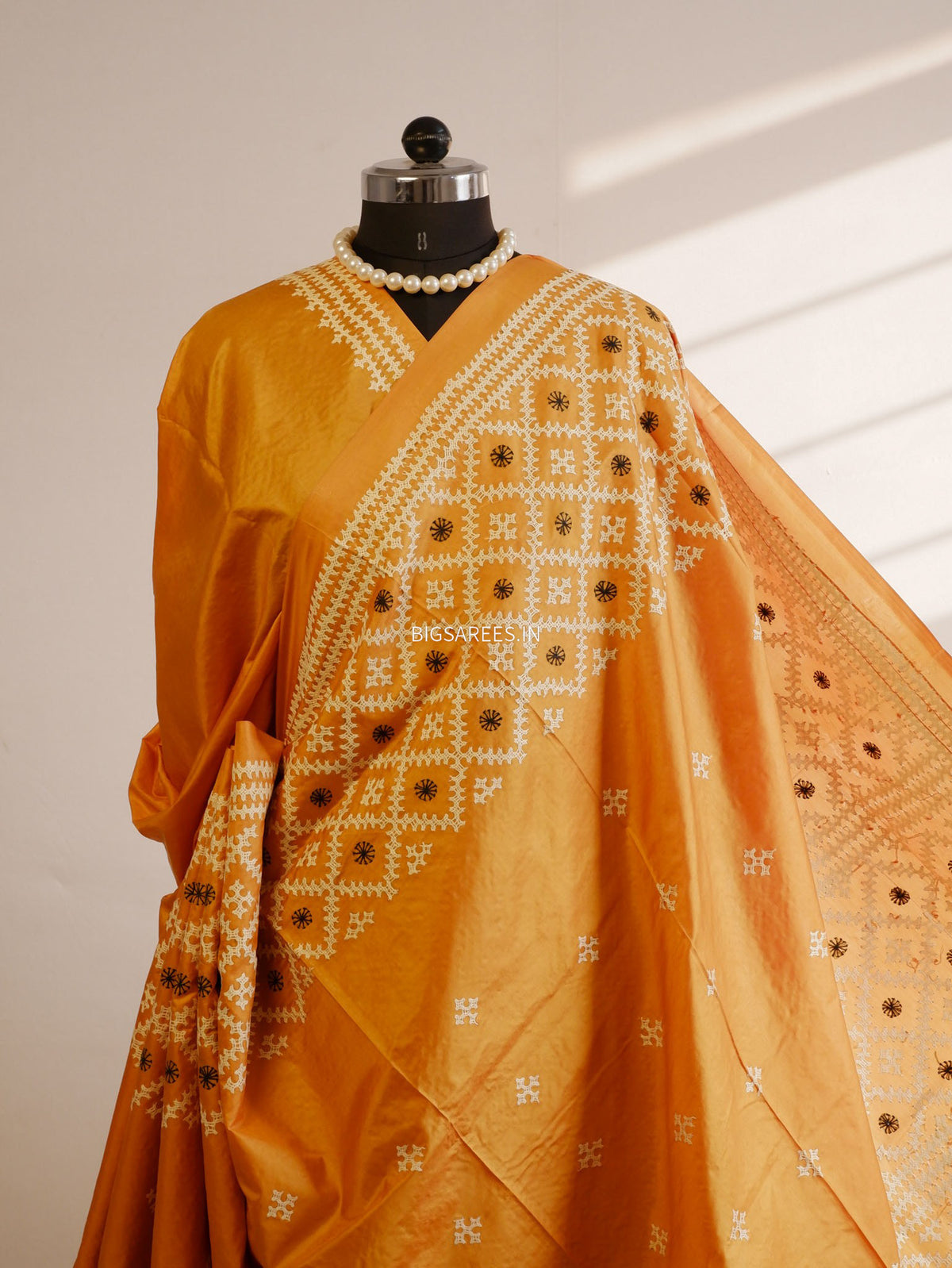 Kutch Hand Embroidered Saree| Pure Bangalore Silk | Silk Marked | Muted Yellow