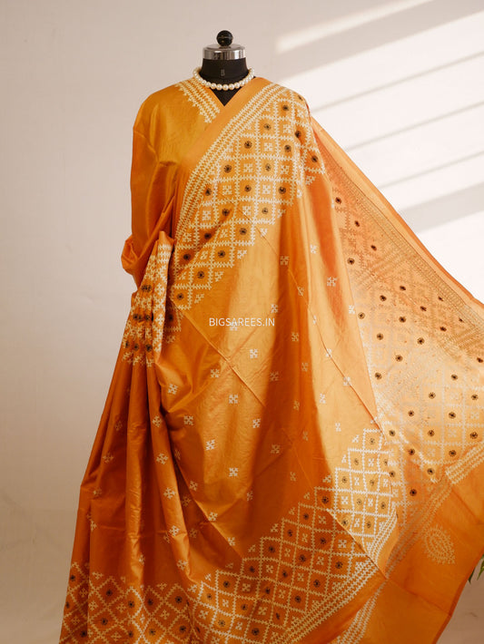 Kutch Hand Embroidered Saree| Pure Bangalore Silk | Silk Marked | Muted Yellow