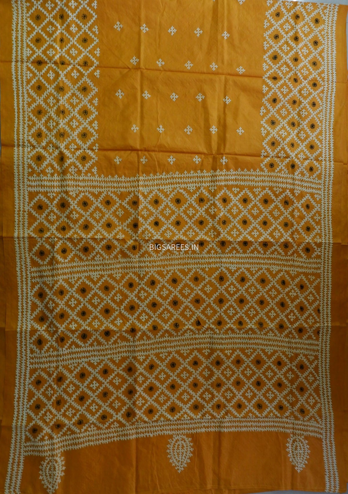 Kutch Hand Embroidered Saree| Pure Bangalore Silk | Silk Marked | Muted Yellow