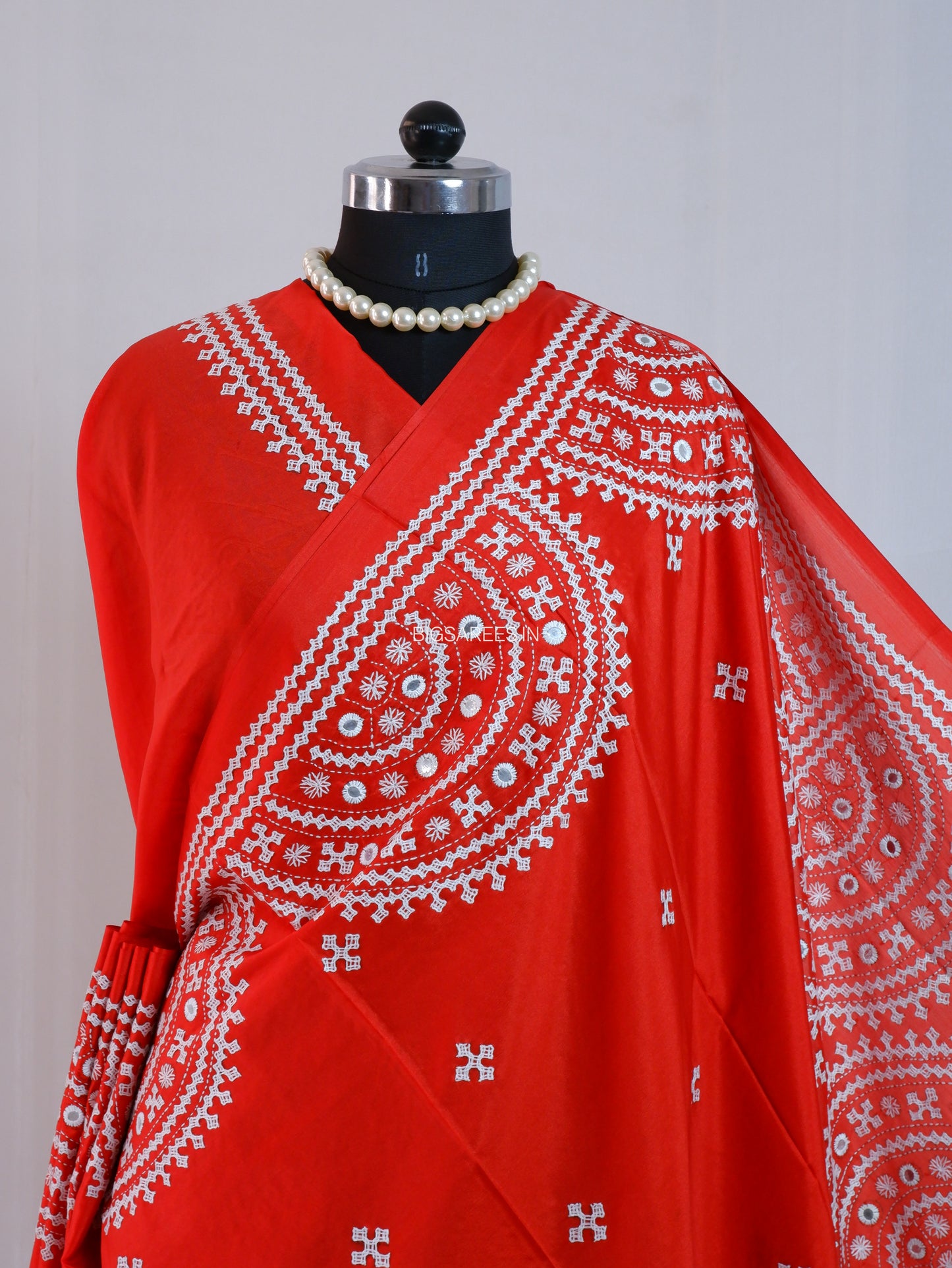 Kutchi/Gujarati Stitch Hand Embroidered Saree | Art Silk | Foil Mirror | Red