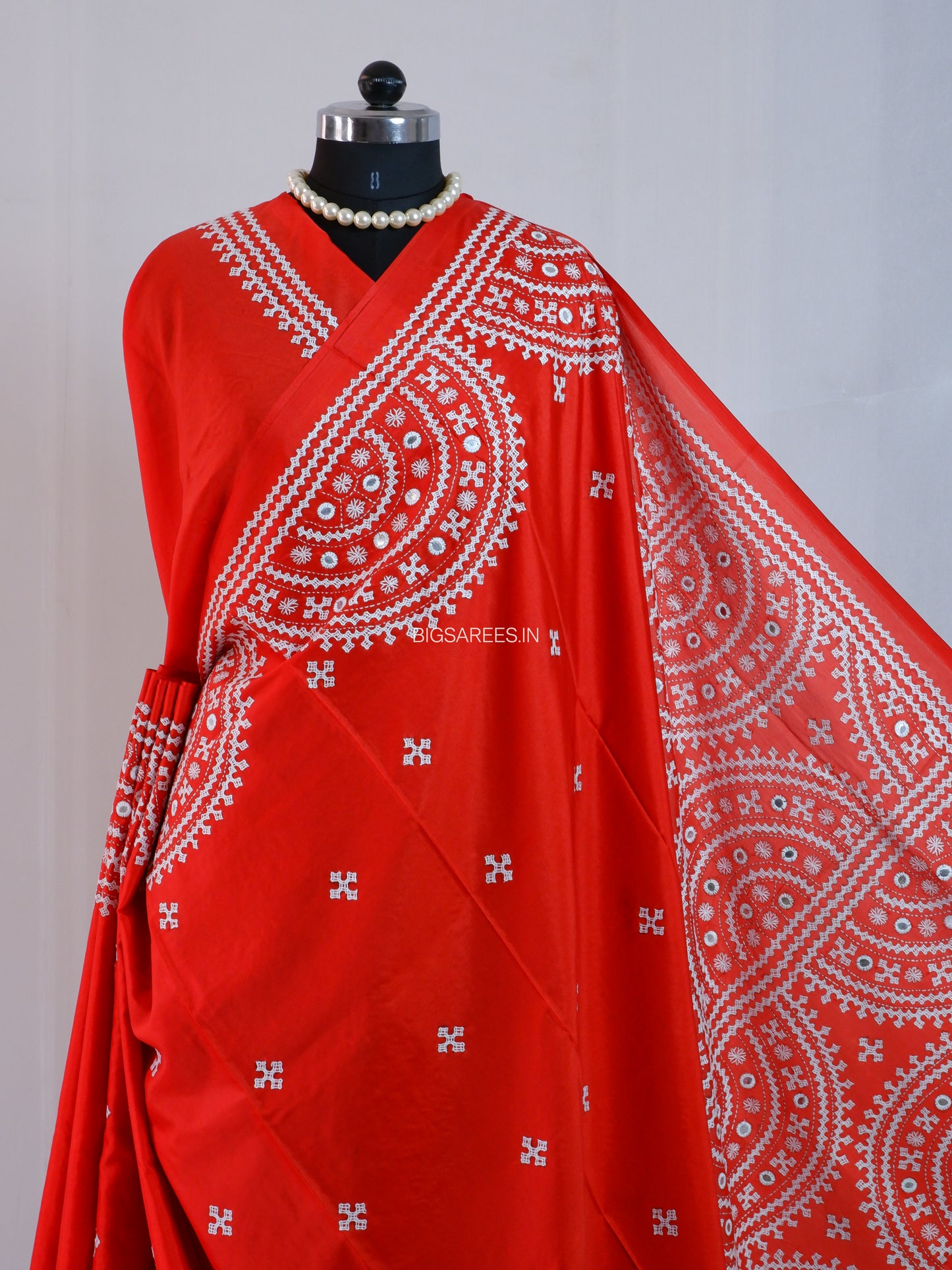 Kutchi/Gujarati Stitch Hand Embroidered Saree | Art Silk | Foil Mirror | Red