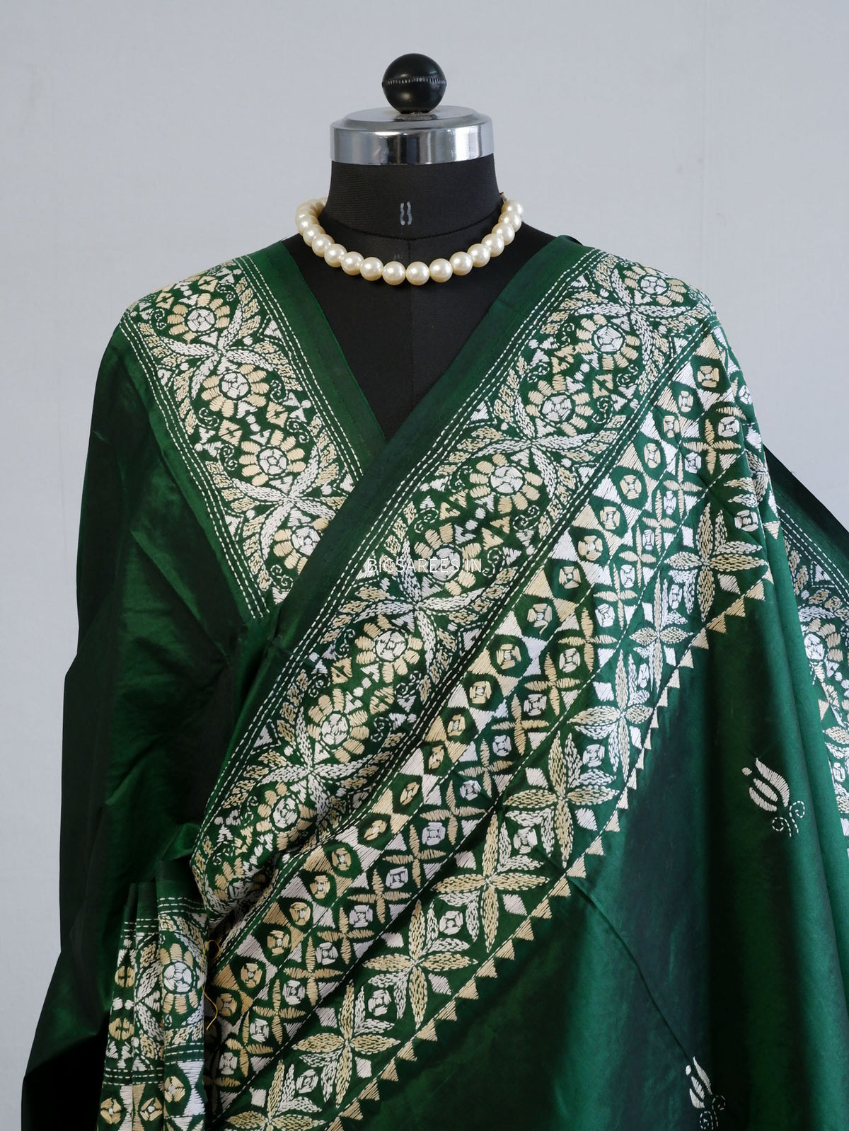 Kantha - Stitch Hand Embroidered Saree | Pure Bangalore Silk | Green