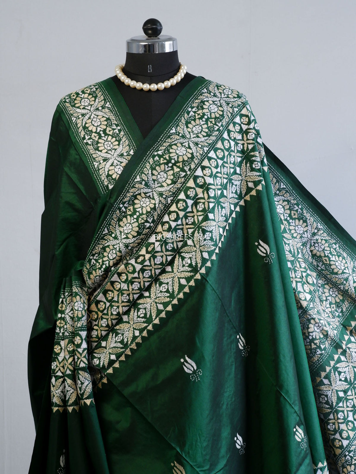 Kantha - Stitch Hand Embroidered Saree | Pure Bangalore Silk | Green