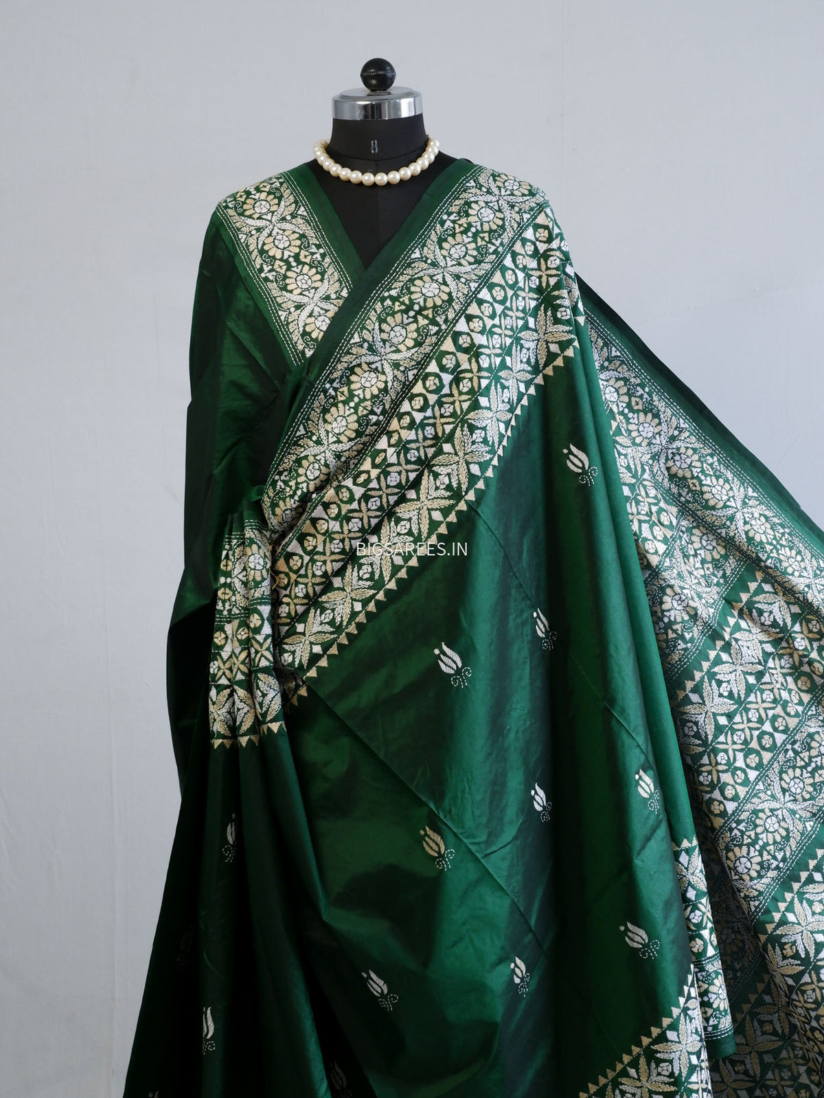 Kantha - Stitch Hand Embroidered Saree | Pure Bangalore Silk | Green