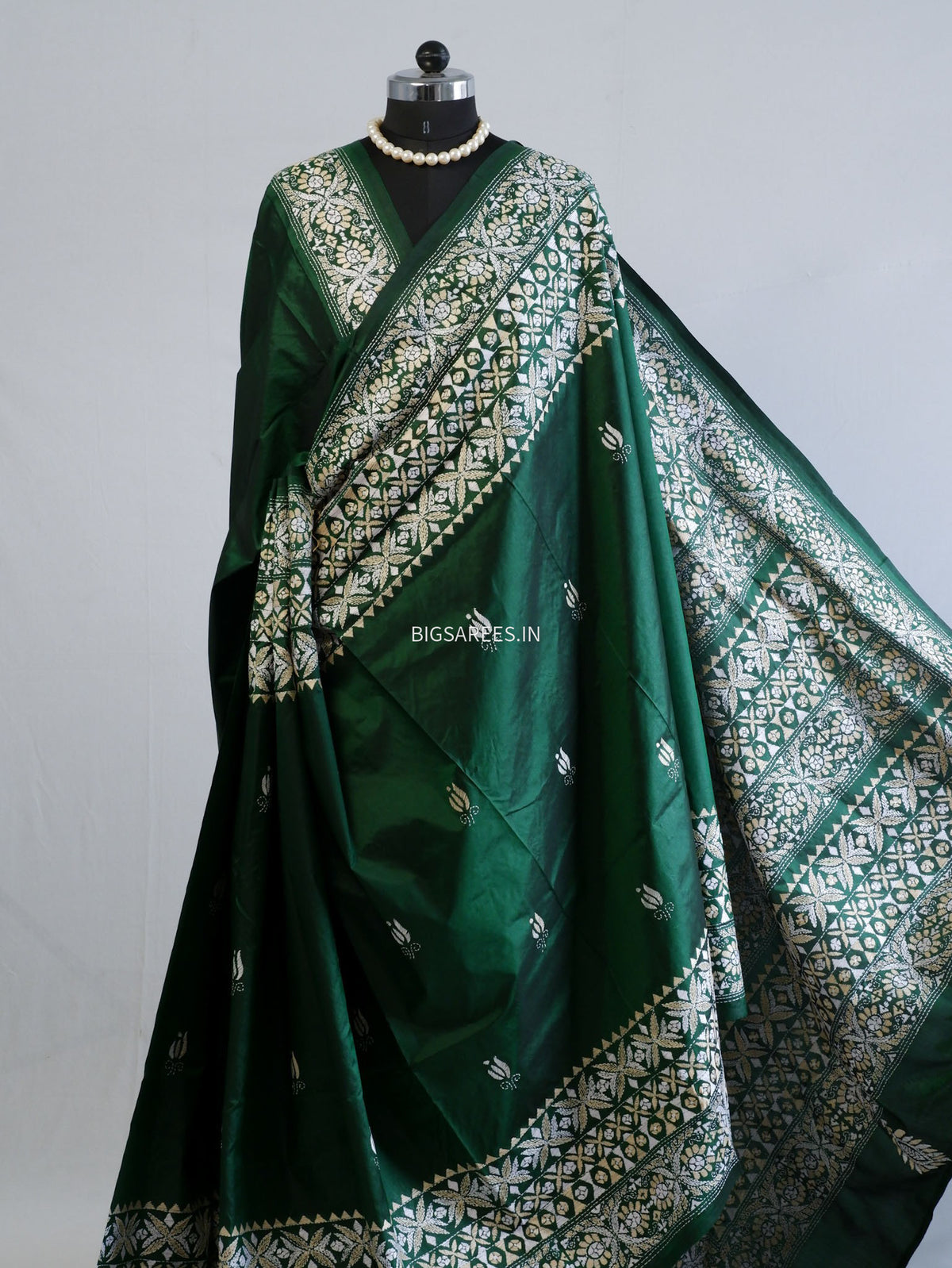 Kantha - Stitch Hand Embroidered Saree | Pure Bangalore Silk | Green