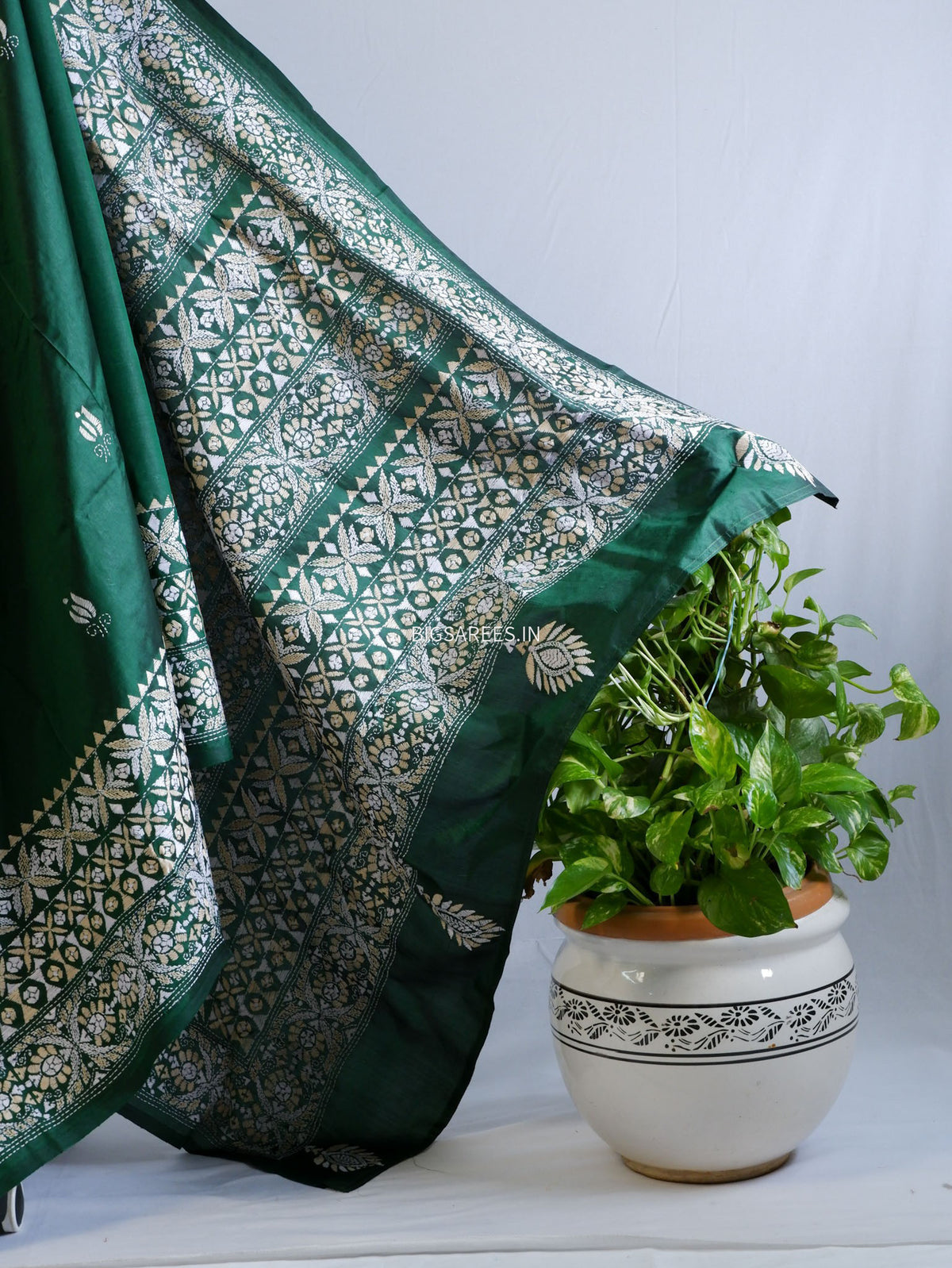 Kantha - Stitch Hand Embroidered Saree | Pure Bangalore Silk | Green