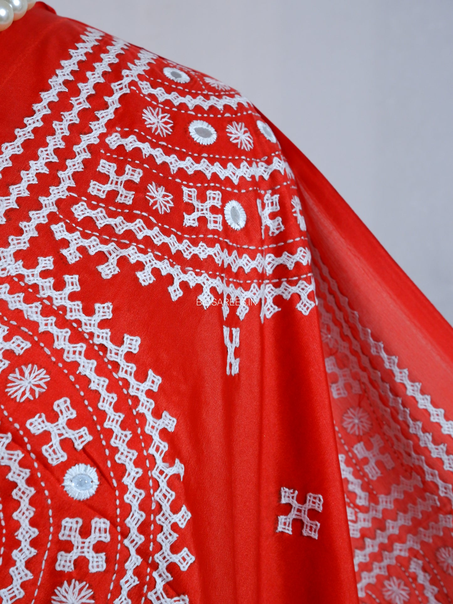 Kutchi/Gujarati Stitch Hand Embroidered Saree | Art Silk | Foil Mirror | Red