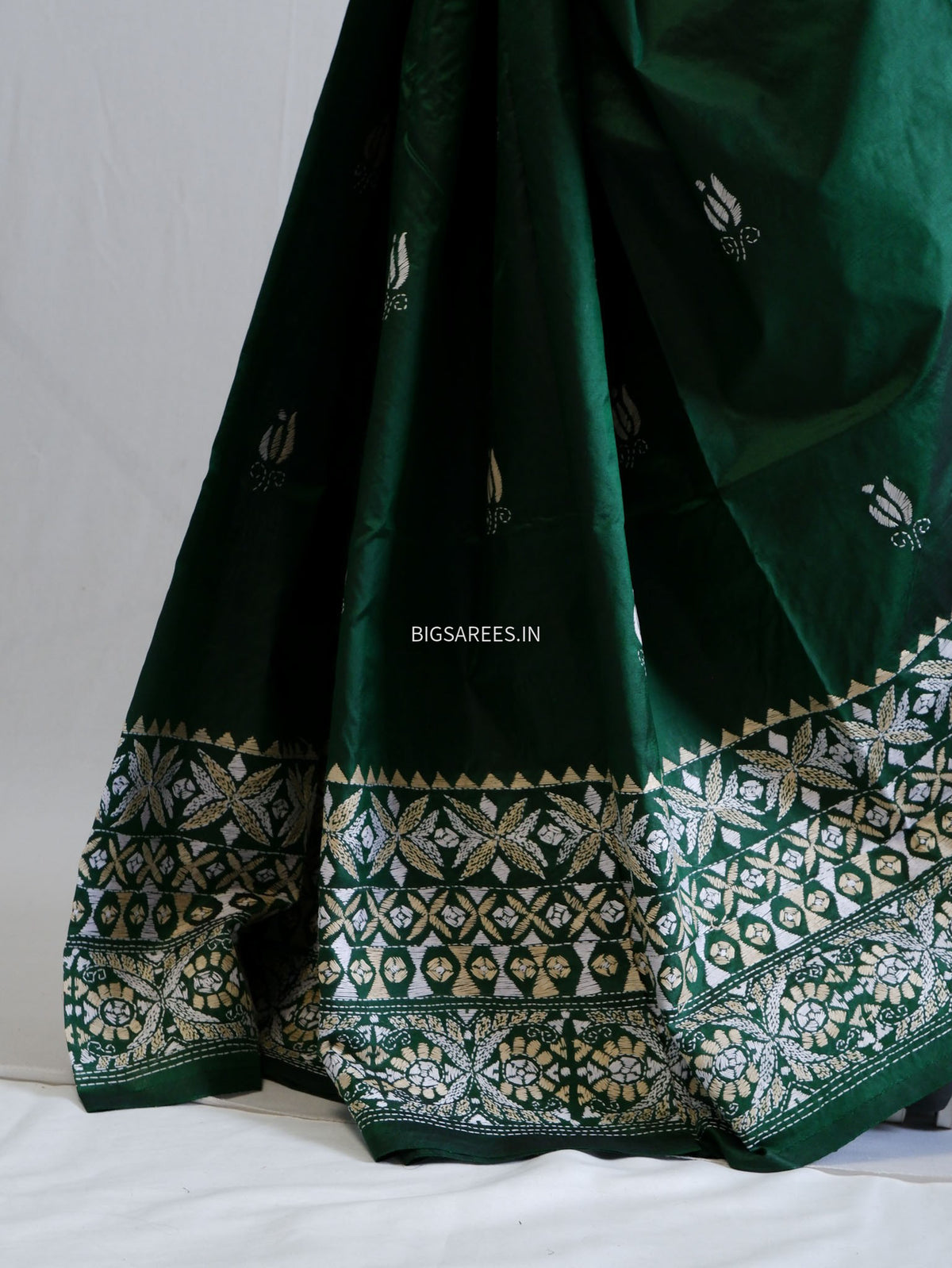 Kantha - Stitch Hand Embroidered Saree | Pure Bangalore Silk | Green