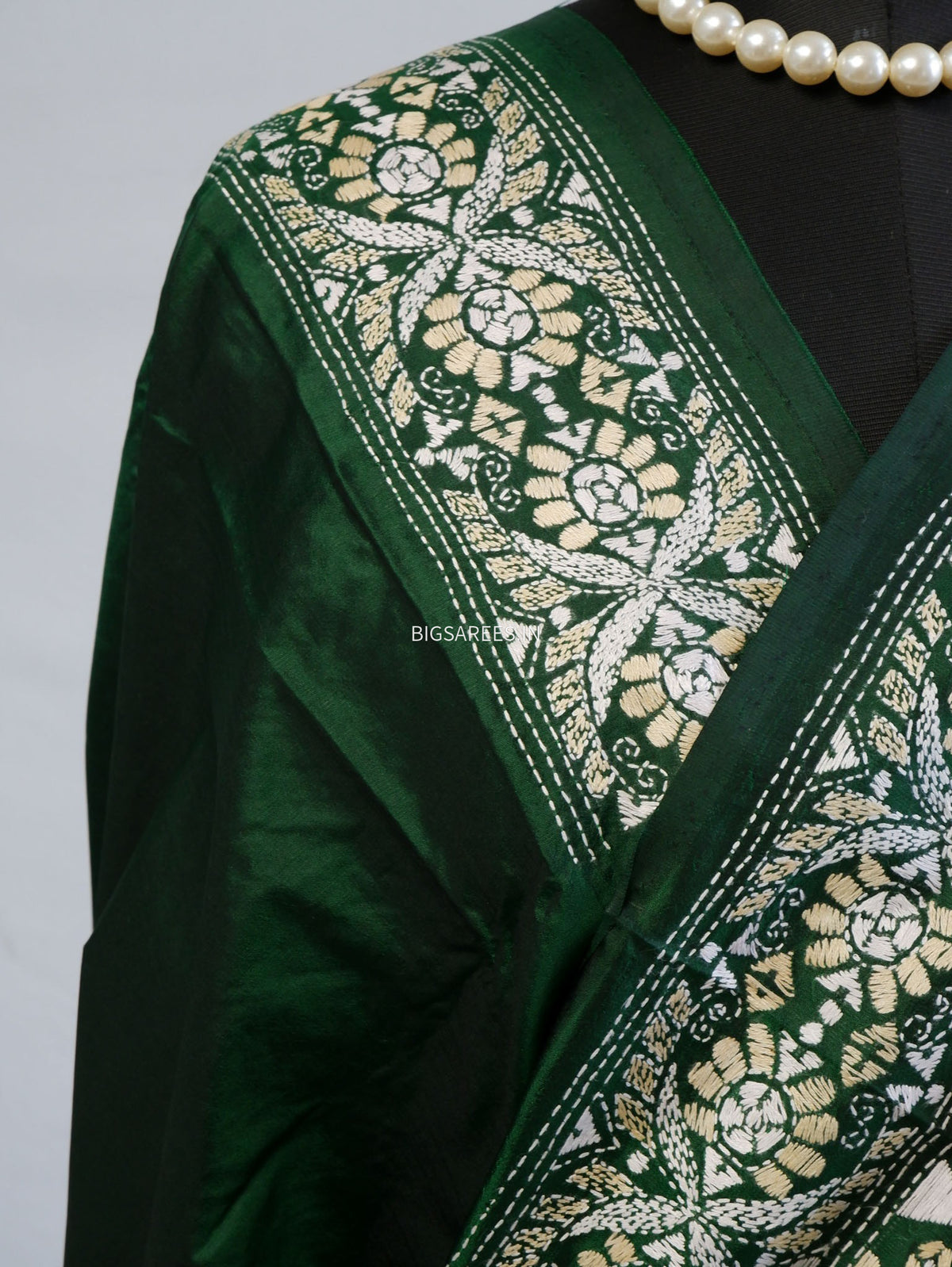 Kantha - Stitch Hand Embroidered Saree | Pure Bangalore Silk | Green