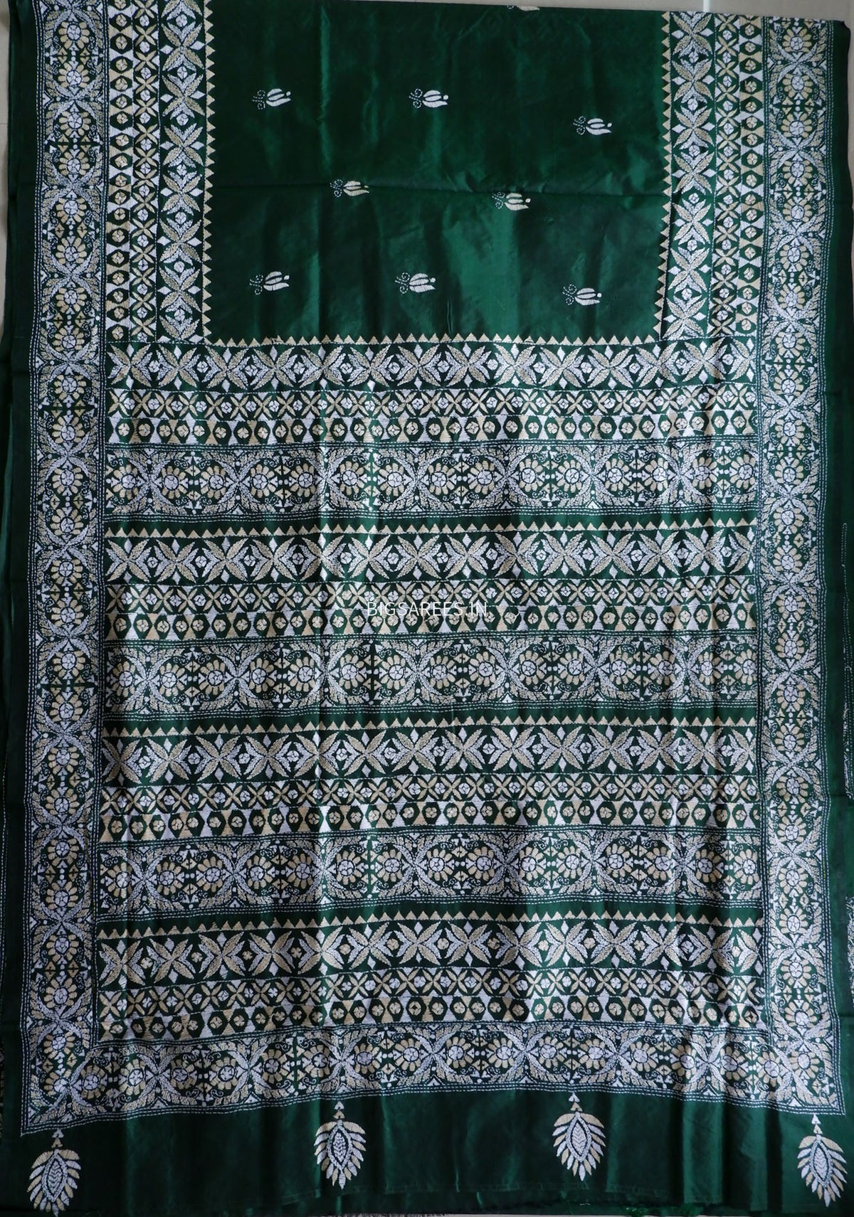 Kantha - Stitch Hand Embroidered Saree | Pure Bangalore Silk | Green