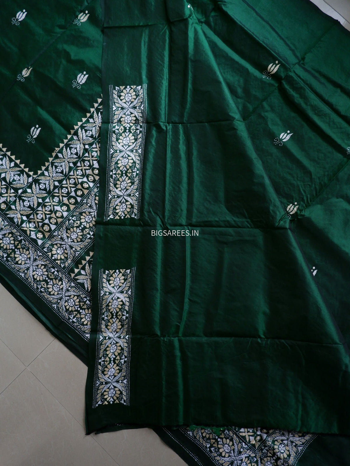Kantha - Stitch Hand Embroidered Saree | Pure Bangalore Silk | Green