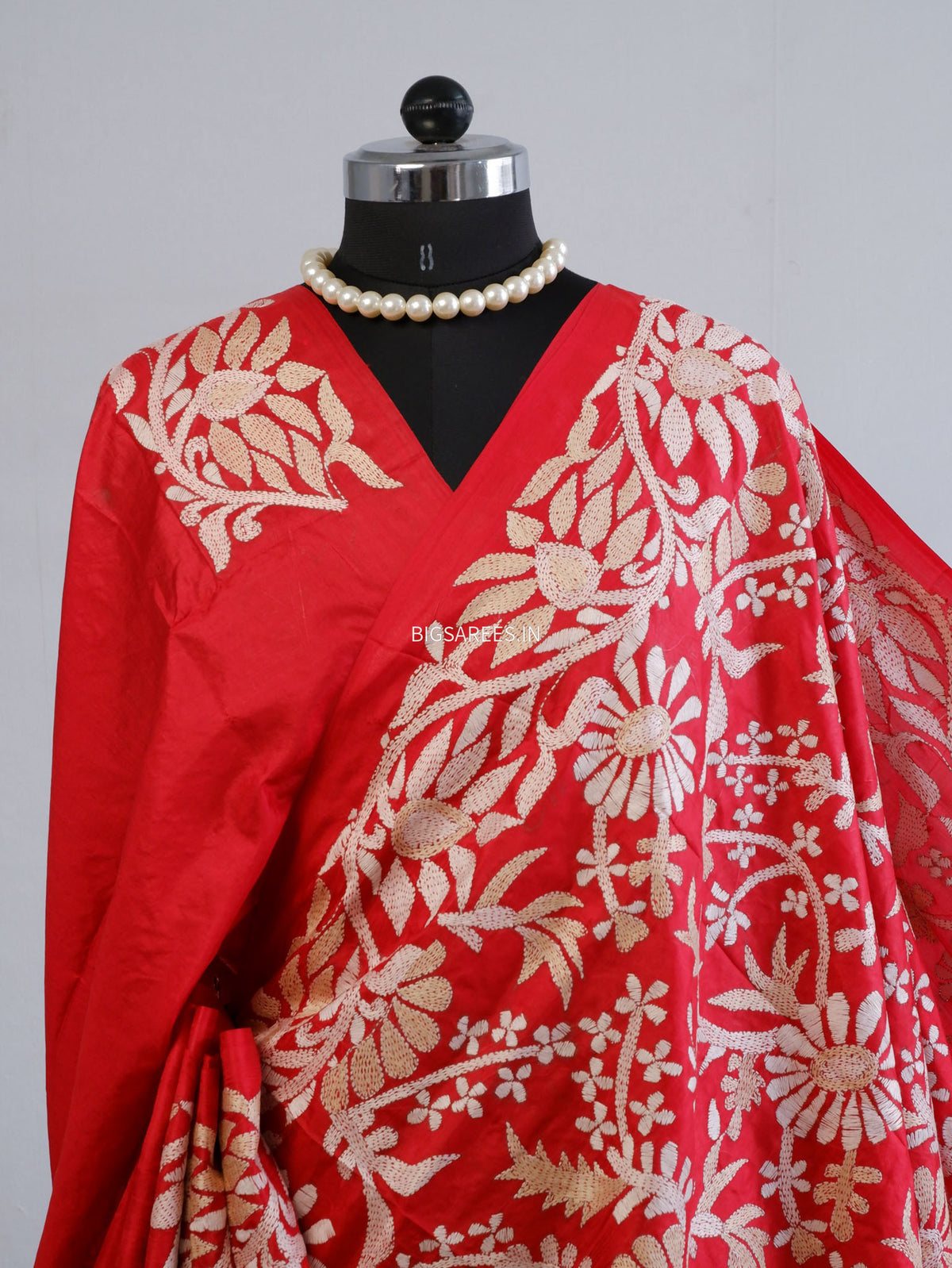 Kantha - Stitch Hand Embroidered Saree | Pure Bangalore Silk | Silk Mark Certified | Red